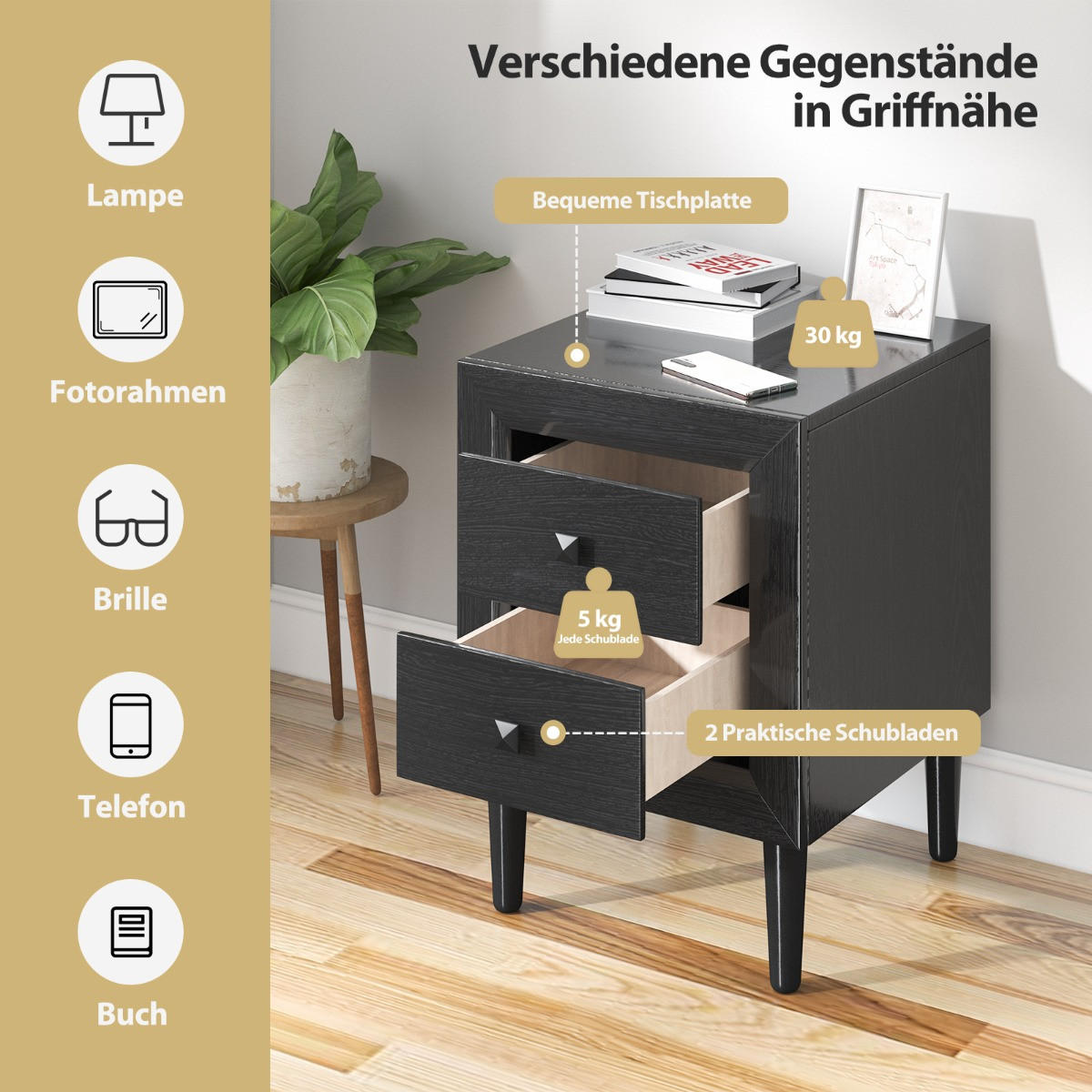 NACHTTISCH Schwarz Holzwerkstoff 40/40/55 cm - Schwarz, Holzwerkstoff (40/55/40cm) - Gemütlich Home