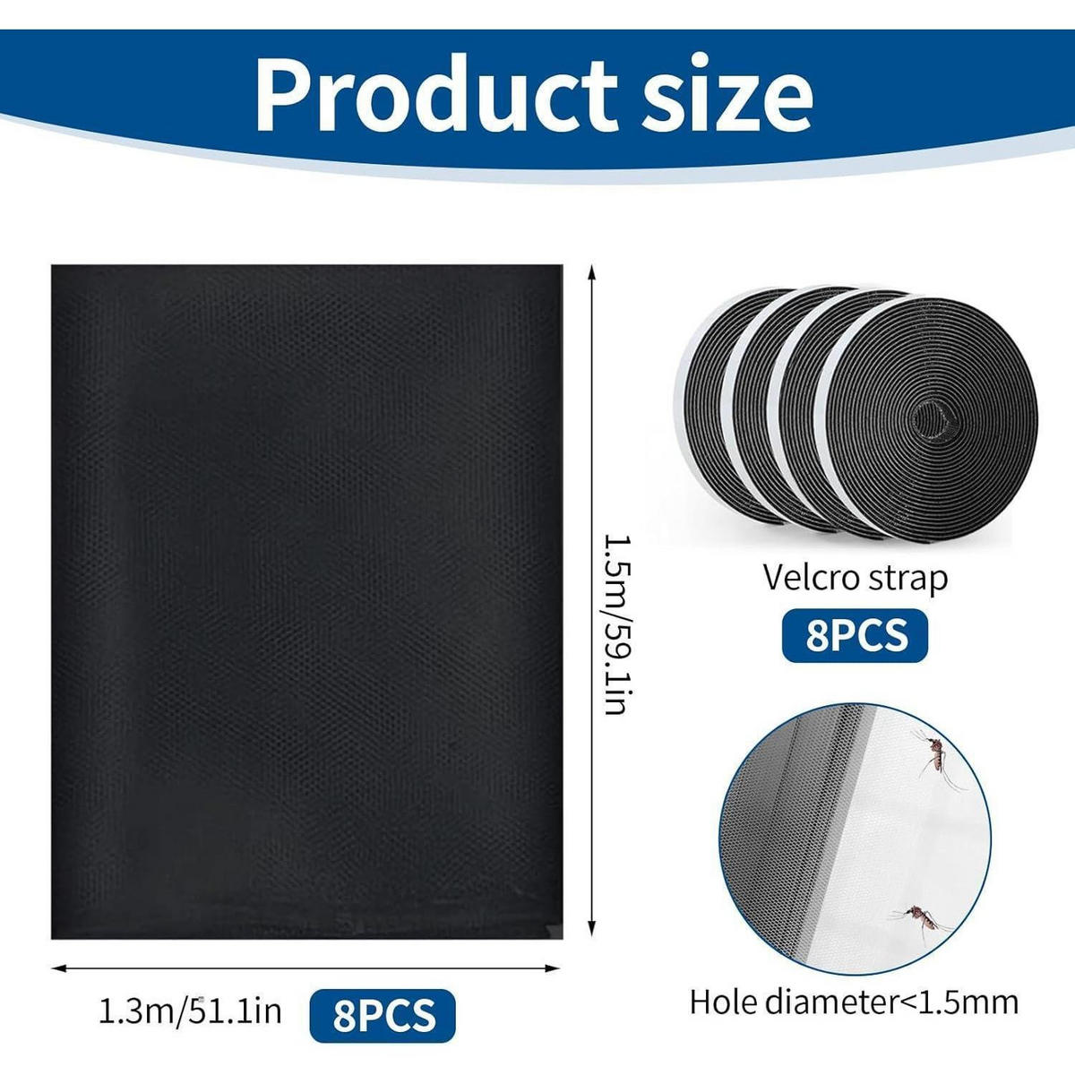 FLIEGENGITTER Fenster 8-teiliges Set 130 x 150 cm Schwarz - Schwarz, Textil (27.5/6/28cm)