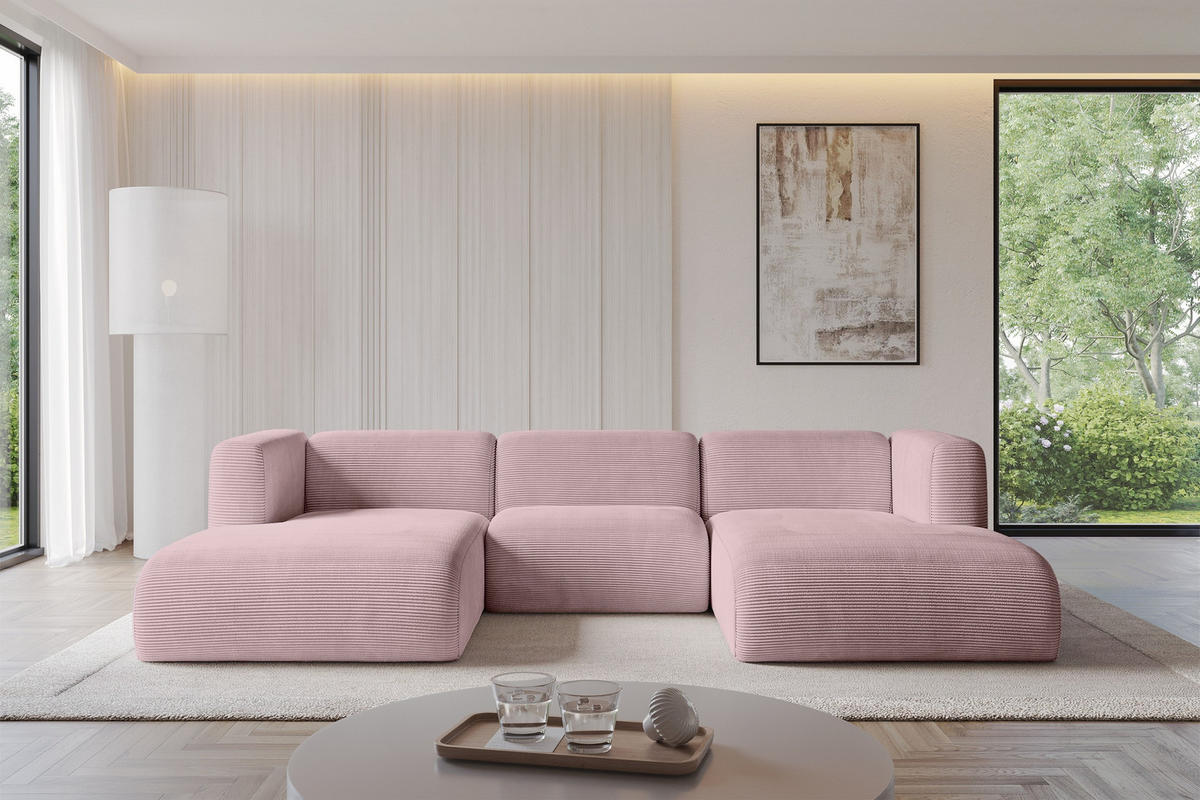 WOHNLANDSCHAFT MIRA-U1 317x179x70 Rosa Cord - Schwarz/Rosa, Holzwerkstoff/Kunststoff (317/70/179cm) - ALTDECOR