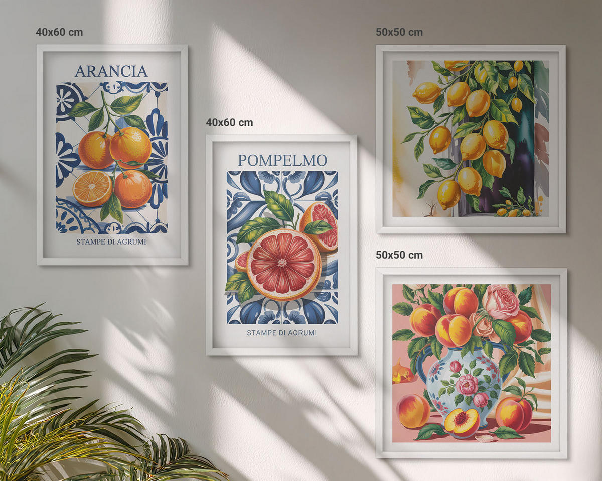 BILDER SET 4er Set - 50x50 cm & 40x60 cm Weißer Rahmen - Italienische Zitrus-Modeplakate - Weiß, Kunststoff (50/50cm) - TULUP