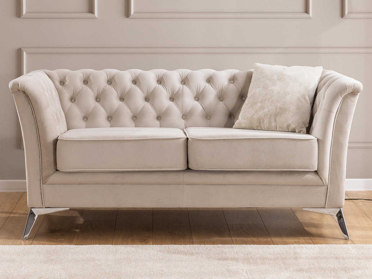 SITZGARNITUR 2+1 Chesterfield Whitby Beige Samt mit silbernen Füßen - Beige/Silberfarben, Holz/Textil (175/78/82cm) - S-Style Möbel
