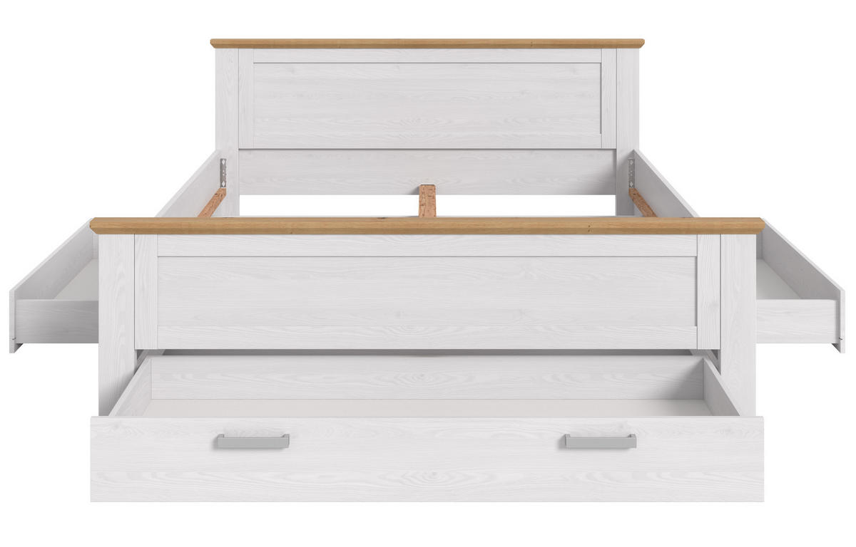 BETT weiß Lärche, Eiche Artisan Landhaus Liegefläche 180 x 200 cm, Doppelbett mit 3 Bettschubkästen - Eichefarben/Weiß, Holzwerkstoff/Metall (180/200cm) - Inn.Furn