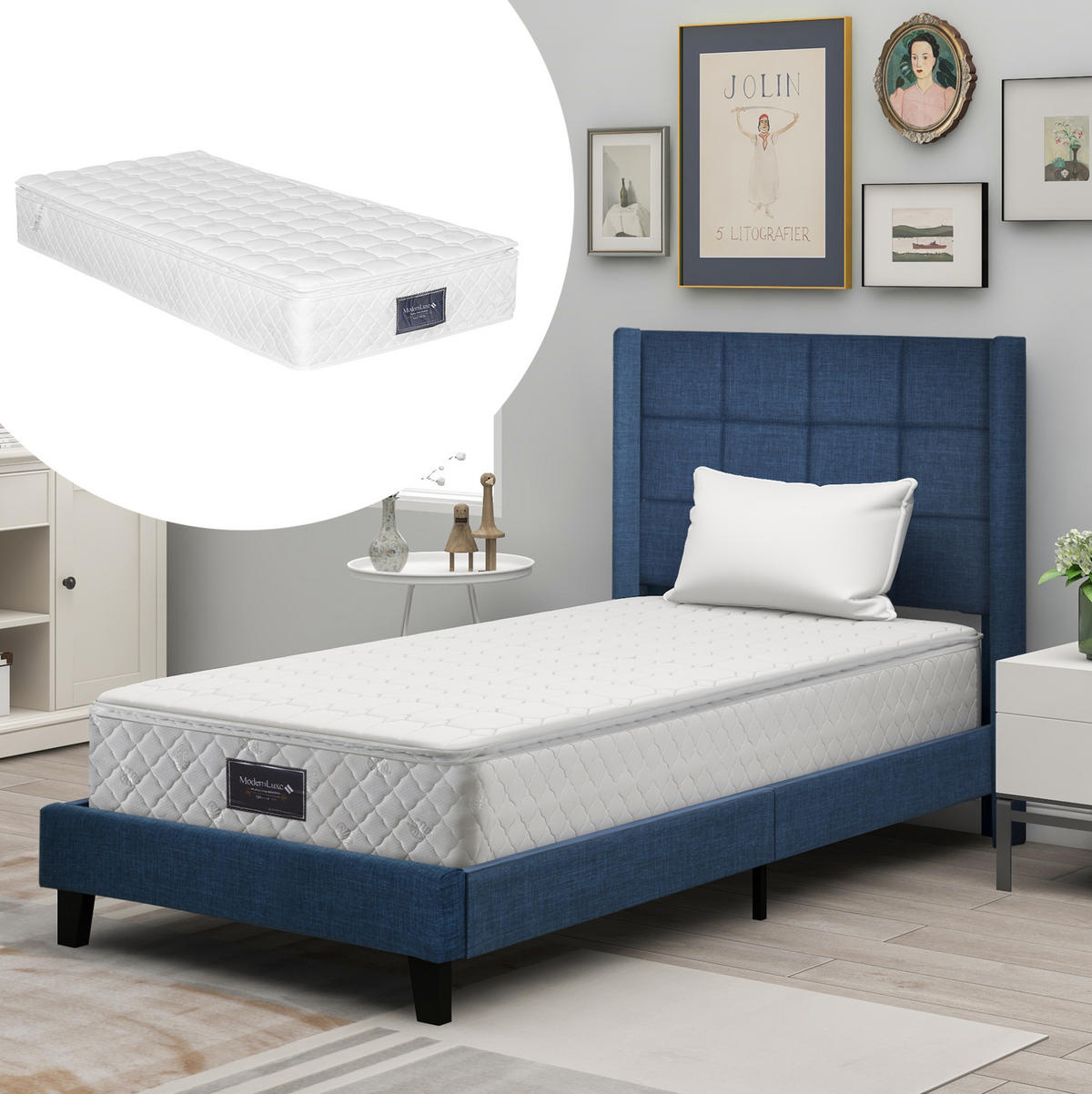 BETT mit Federkernmatratze und Lattenrost 90x200 cm Leinen Blau - Blau, Metall (90/200cm) - Beauniv