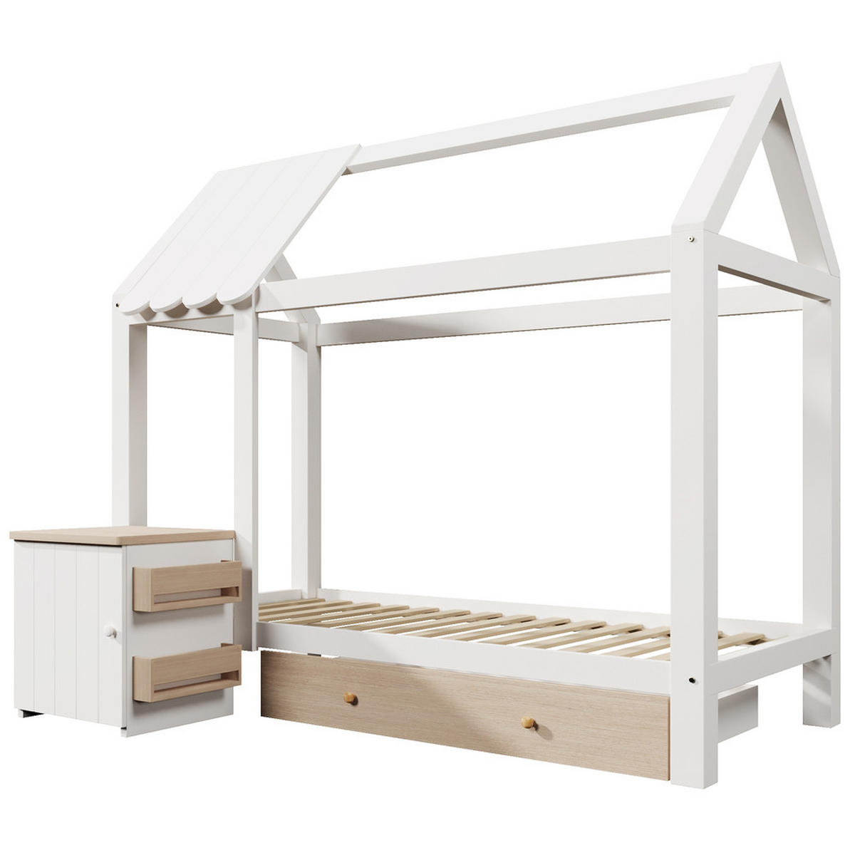 KINDERBETT 90X200 cm aus Massivholz mit Schubladen und Nachttischen - Eiche Bianco, Holz (90/200cm) - FLIEKS