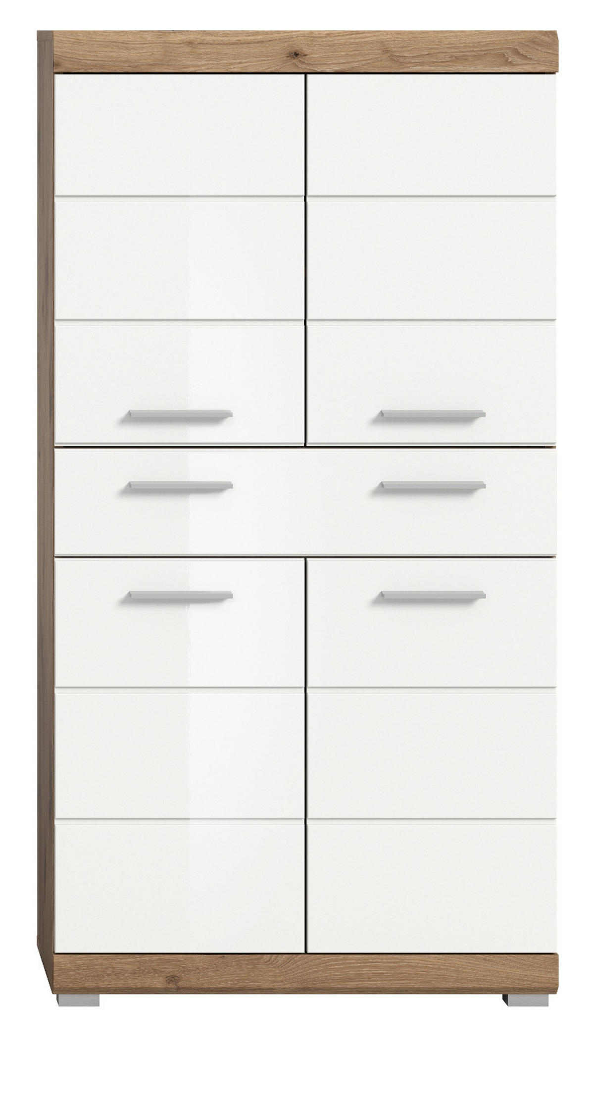 MIDISCHRANK weiß Hochglanz, Eiche 74 cm, Badschrank 4-türig - Chromfarben/Weiß Hochglanz, Holzwerkstoff/Kunststoff (74/141/31cm) - Inn.Furn