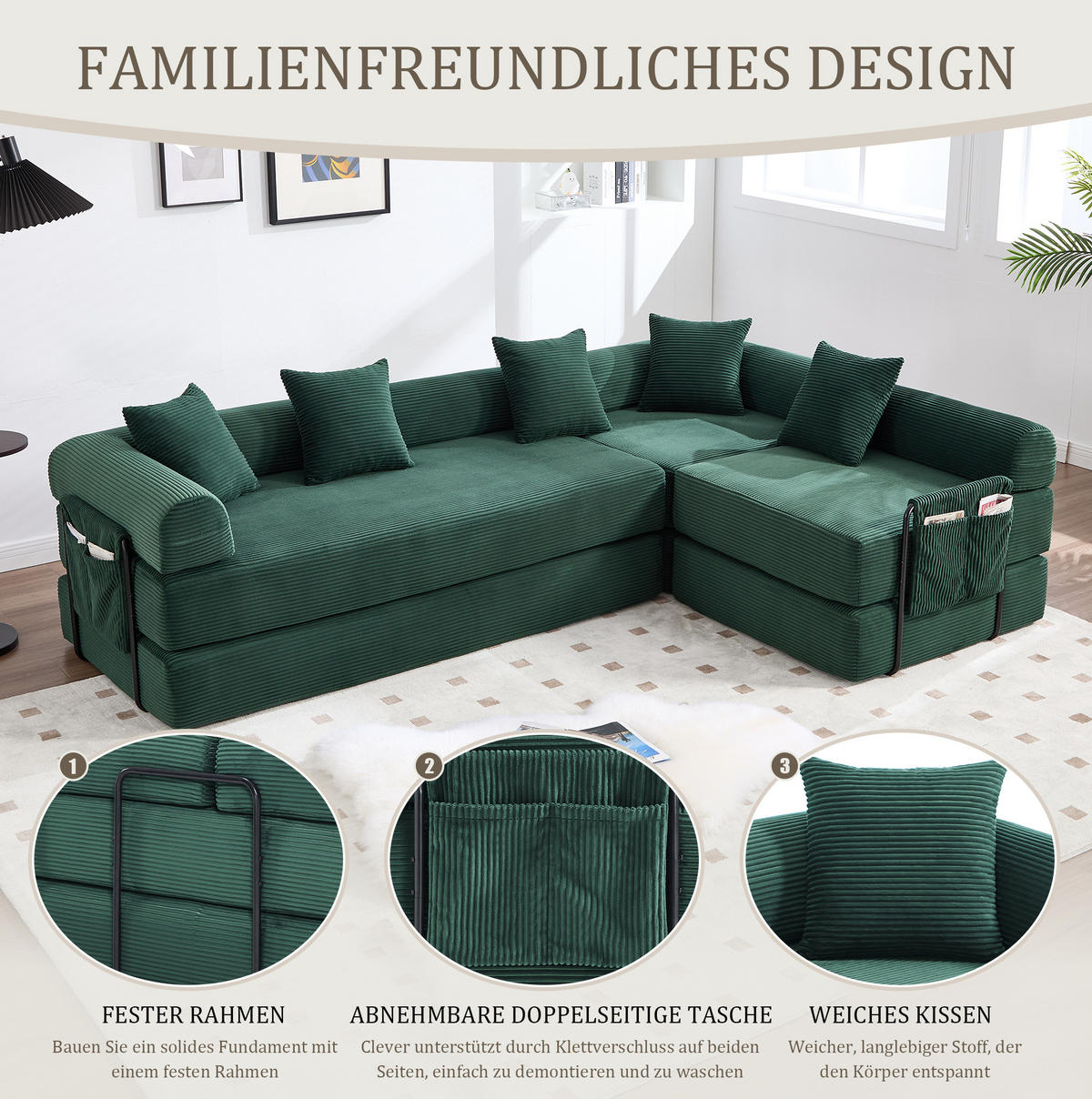 MODULARES Sofa 270/180/64 cm aus Cord mit Schlaffunktion und Seitentasche Smaragdgrün - Smaragdgrün, Textil (180/64/270cm) - Modenvie