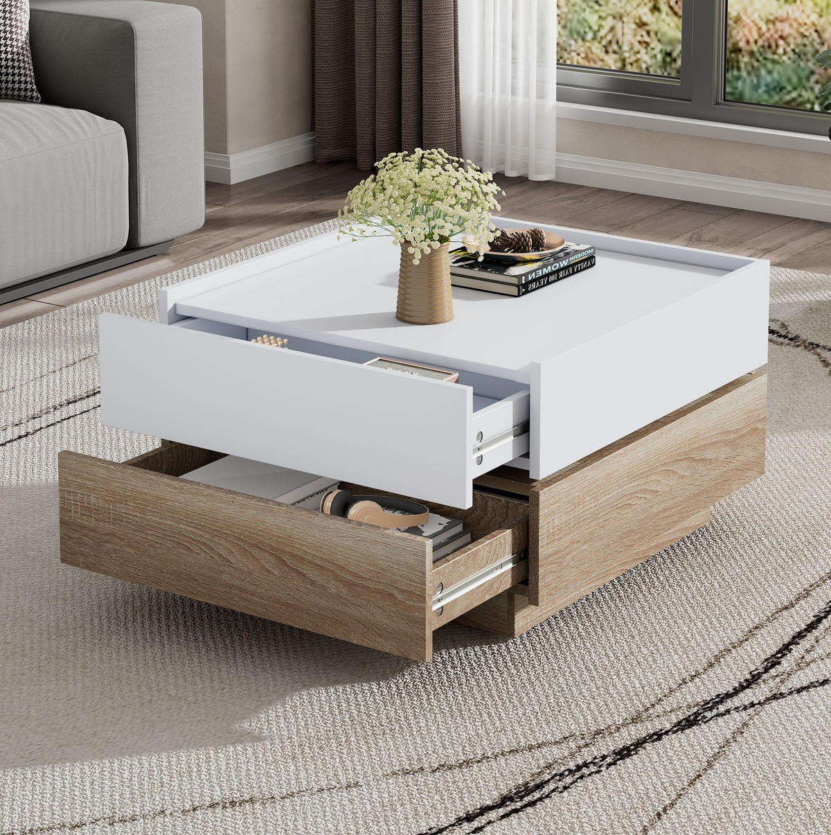 COUCHTISCH 60/60/38 cm in Weiß/Walnuss aus Spanplatte mit 360° Drehfunktion - Weiß, Holzwerkstoff (60/60/38cm) - OKMYHOME