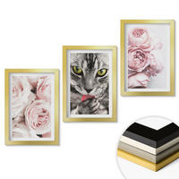 WANDBILDER 3er Set - 20x30 cm Goldrahmen - Katze in rosa Blumen - Goldfarben, Kunststoff (20/30cm) - ArtPrintCave