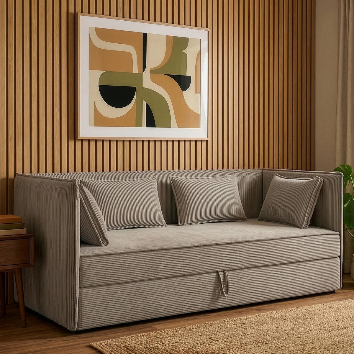 JUGENDBETT ROTI Einzelbett mit Bettkasten, 90x200cm, Bett mit Bonellmatratze, mit Rückenlehne - Beige/Schwarz, Holz/Holzwerkstoff (92/200cm) - KONSIMO®