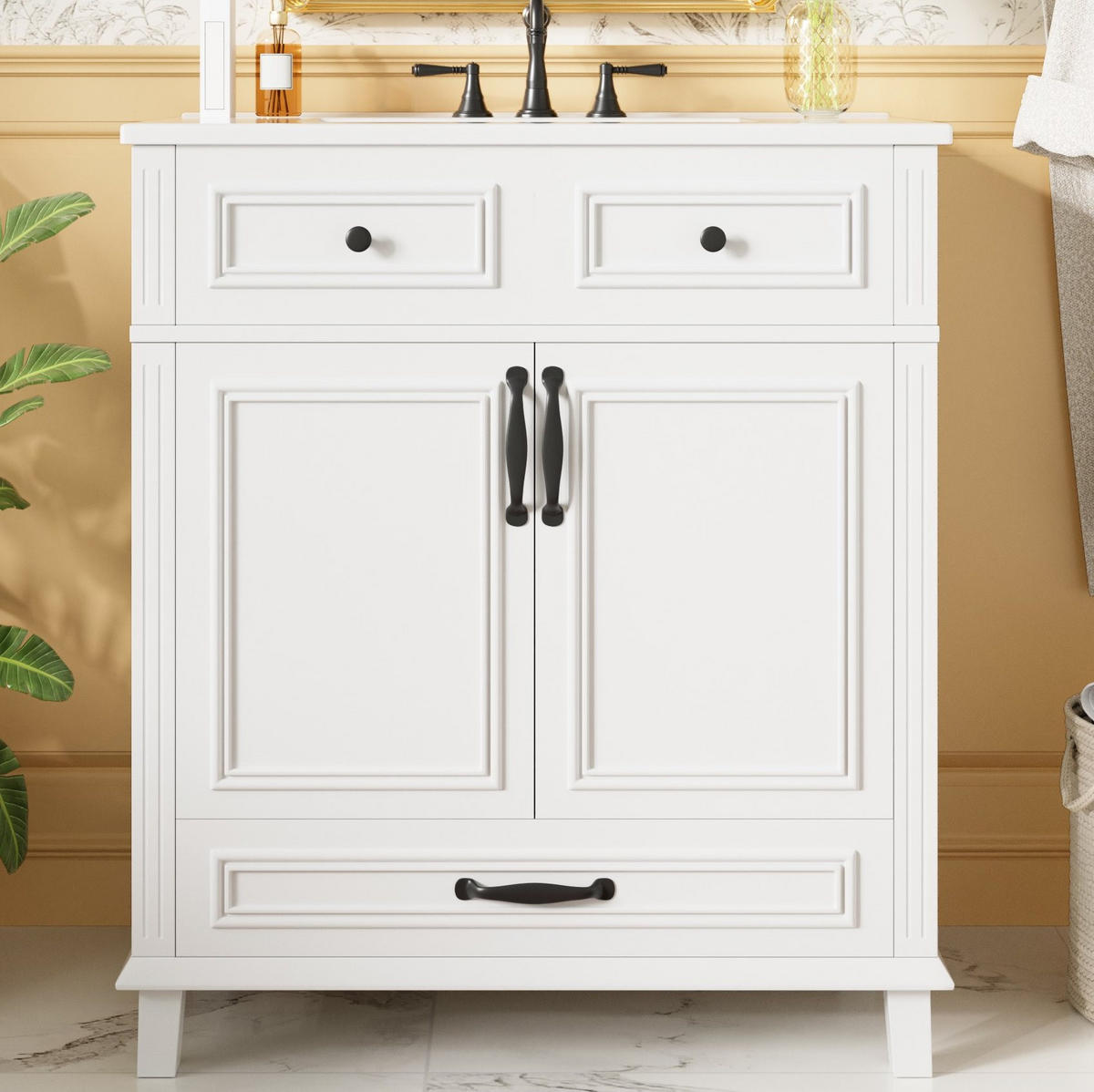 WASCHTISCHKOMBI 77/46/86 cm weiß aus Keramik und MDF mit 9 Fächern - Weiß, Keramik (77/86/46cm) - OKWISH