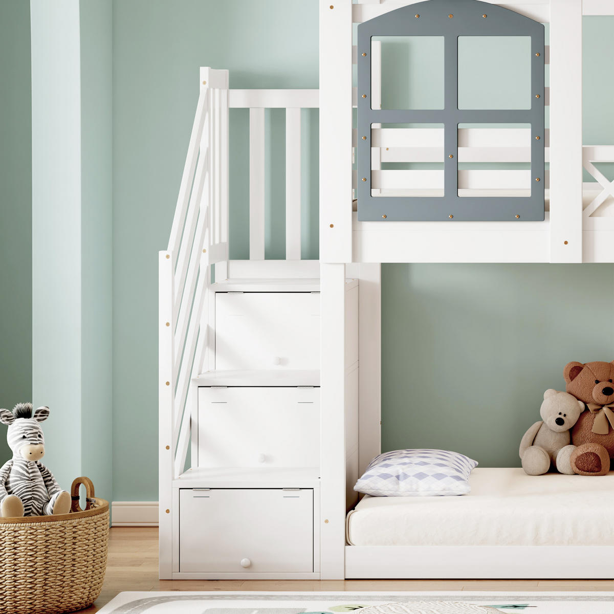 POSCHODOVÁ posteľ 90/200 cm bielo-sivá s domčekom, schodmi a úložným priestorom z borovice a MDF - biela, kompozitné drevo (90/200cm) - OKWISH