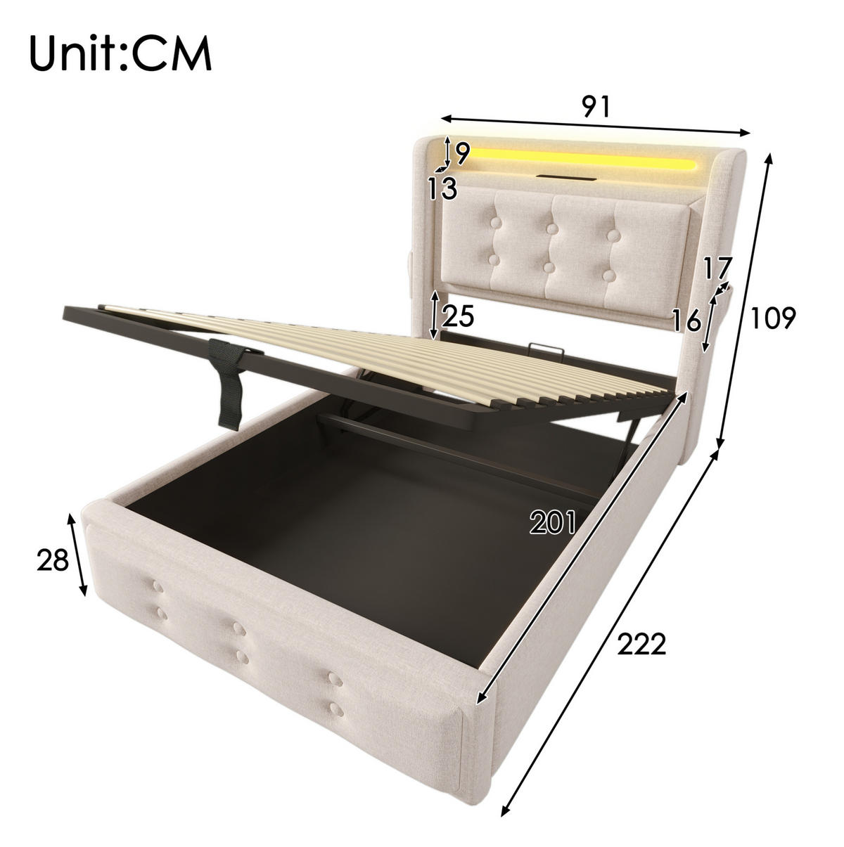 POLSTERBETT 90/200 cm Beige aus Baumwoll-Leinenstoff mit LED-Beleuchtung - Beige, Textil (90/200cm) - OKMYHOME