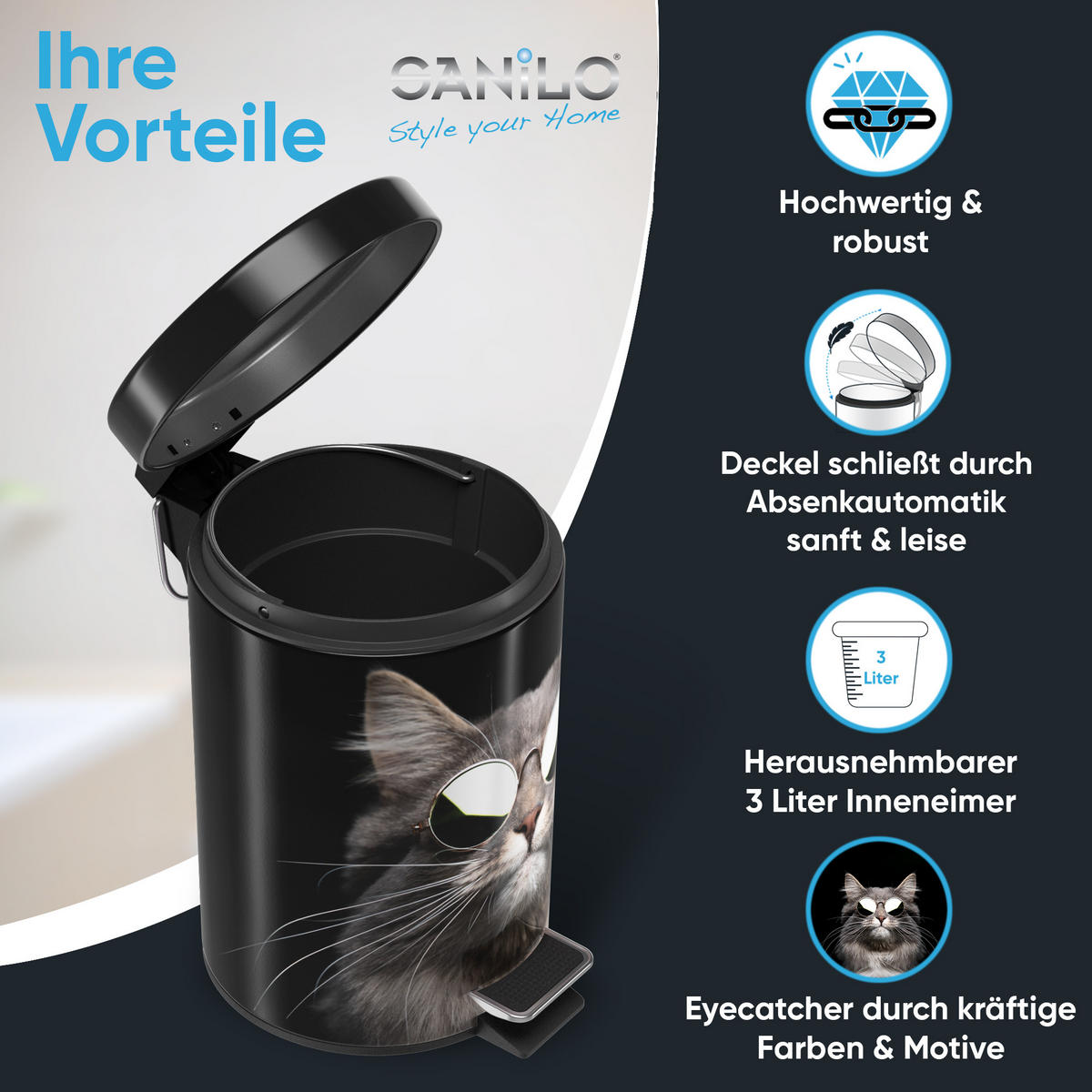 KOSMETIKEIMER Cool Cat - Schwarz/Braun, Kunststoff/Metall (17/25/25cm) - Sanilo