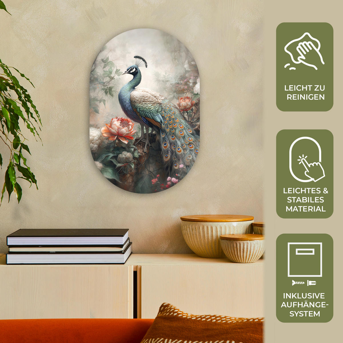 WANDBILD Pfau - Pfauenfedern - Vogel - Dschungel - Blumen 40x60 cm - Smaragdgrün, Kunststoff (40/60cm) - MuchoWow