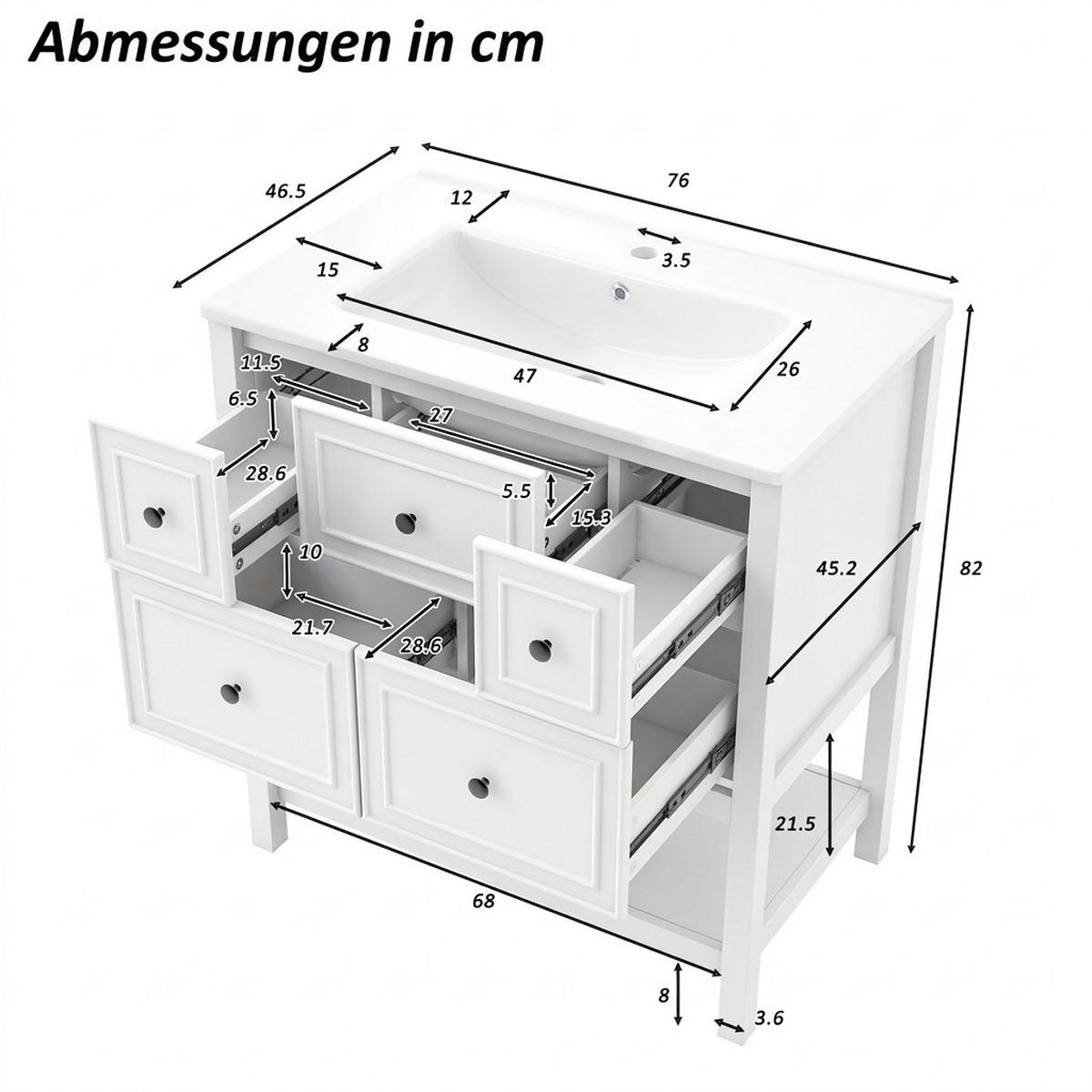 WASCHTISCHKOMBI 76/46.5/82 cm Weiß mit 5 Schubladen, ohne Wasserhahn - Schwarz/Weiß, Holz/Holzwerkstoff (46.5/82/76cm) - Oxeza