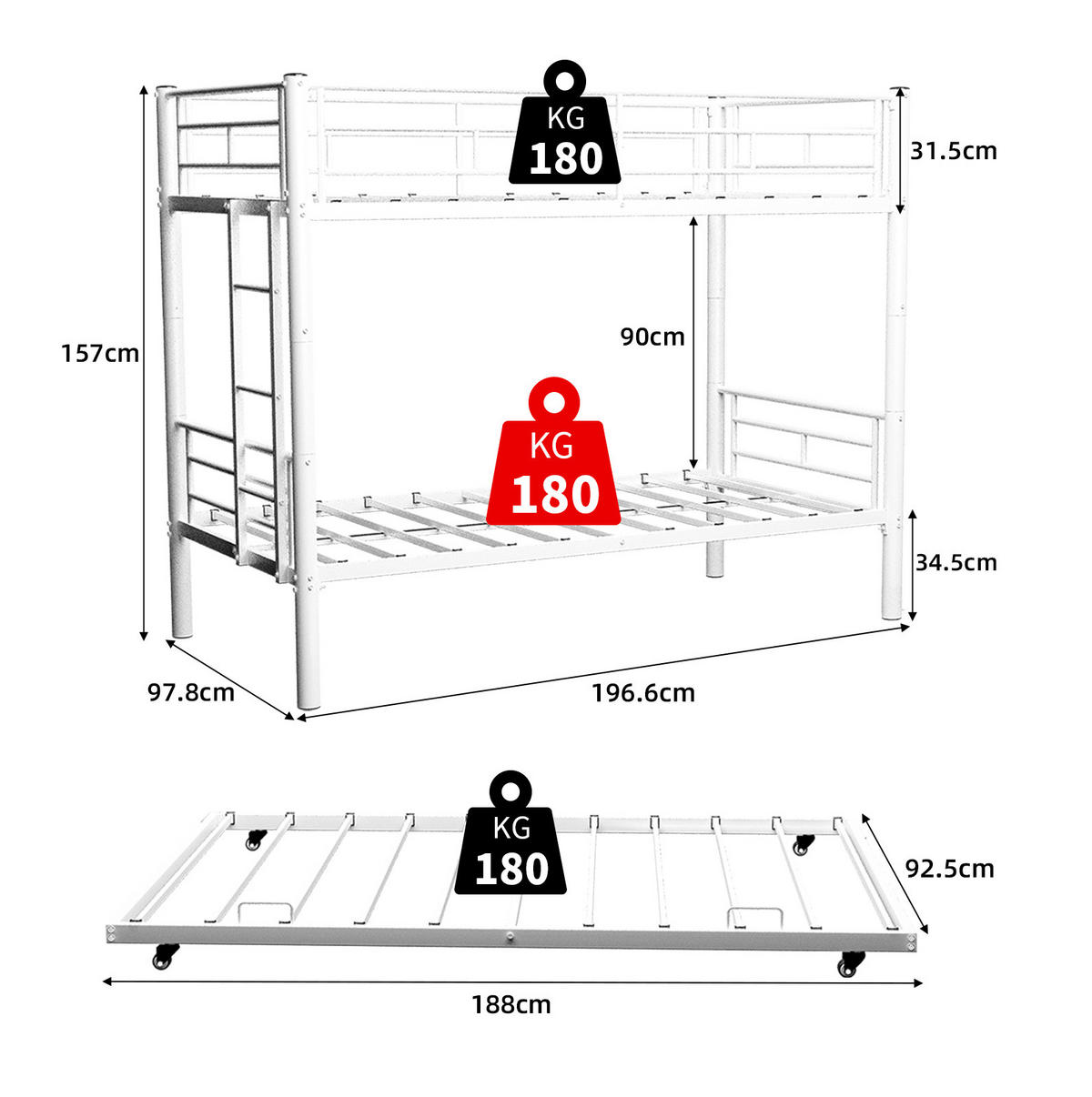 ETAGENBETT 90/200 cm in Weiß/Walnuss mit Leiter und Rausfallschutz - Weiß, Metall (90/200cm) - Modenvie