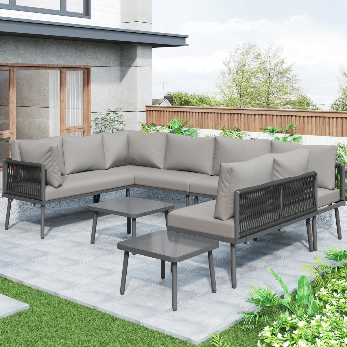 GARTENSOFASET 8-Personen U-Form 2 Tische 4 Zweisitzer wetterfest Grau - Grau, Metall - FLIEKS