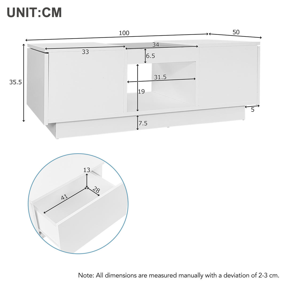 COUCHTISCH 100/50/35,5 cm mit LED-Beleuchtung, App-Steuerung, Glasplatte und 2 Schubladen, Weiß - Weiß, Holzwerkstoff (100/50/35.5cm) - Redom