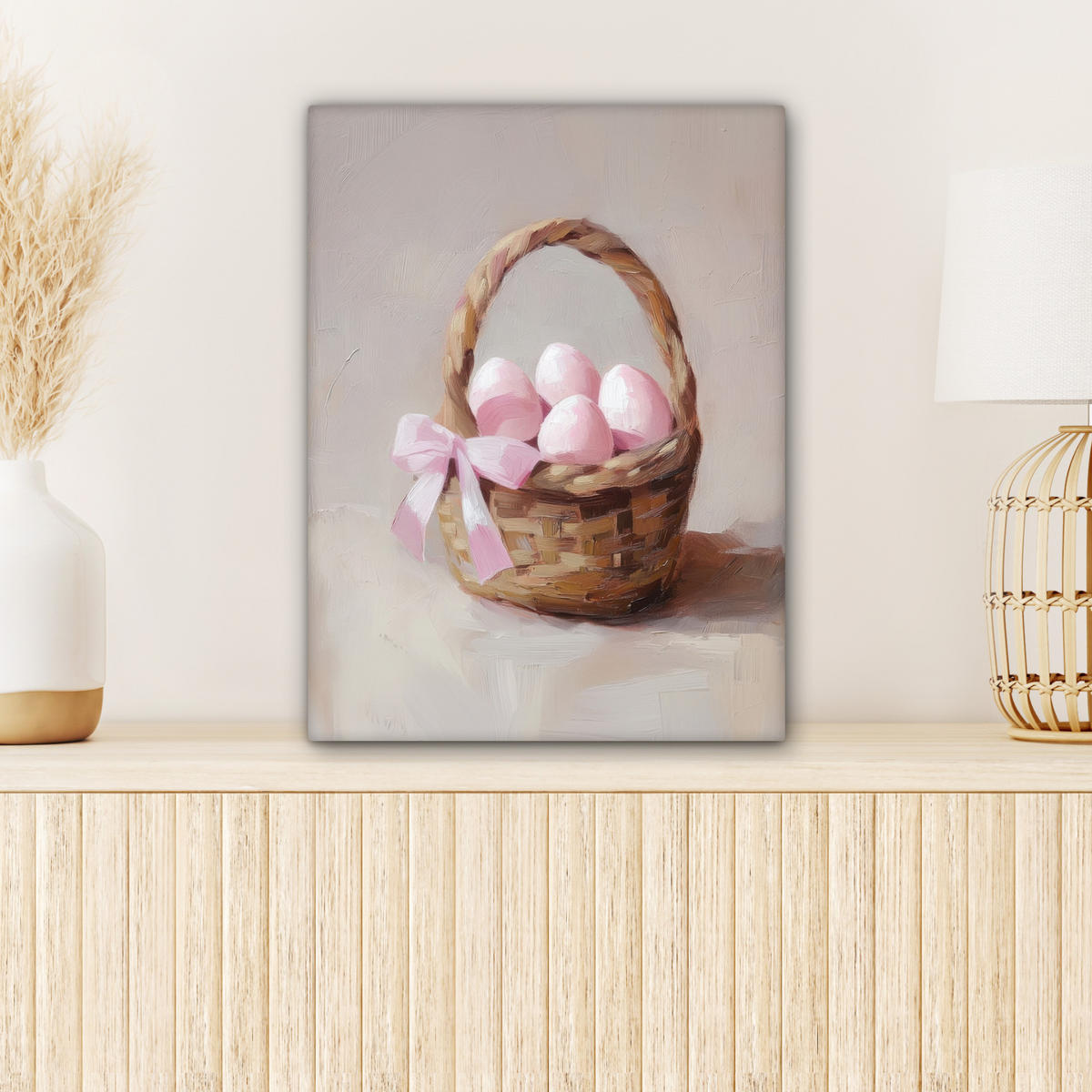 LEINWANDBILD Korb - Eier - Rosa Room Decor 30x40 cm - Beige, Textil (30/40cm) - MuchoWow