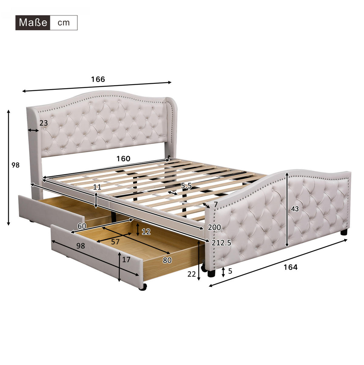 TAPECIRANI krevet 160/200 cm bijeli od PU-a s uzglavljem i 2 ladice - bijela, plastika (160/200cm) - OKWISH