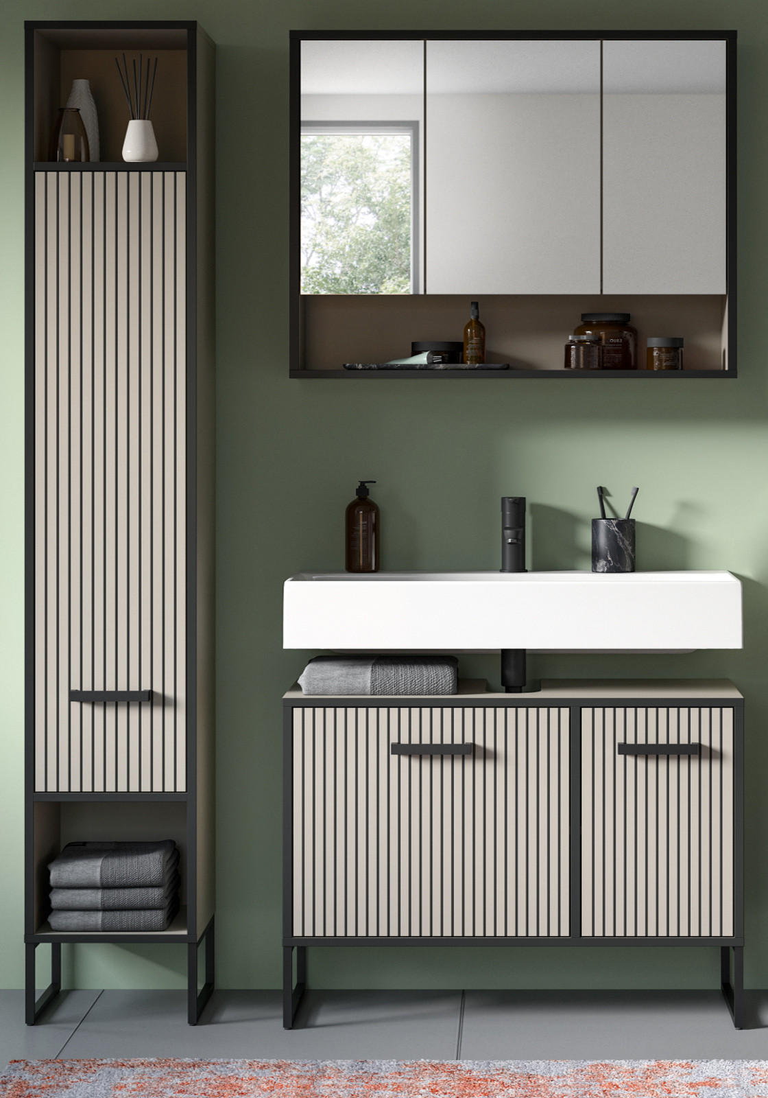 BADMÖBEL-SET 3-teilig Scana in schwarz, sand 125 cm, Kombination mit Soft-Close - Sandfarben/Schwarz, Glas/Holzwerkstoff (125/192/36cm) - Inn.Furn