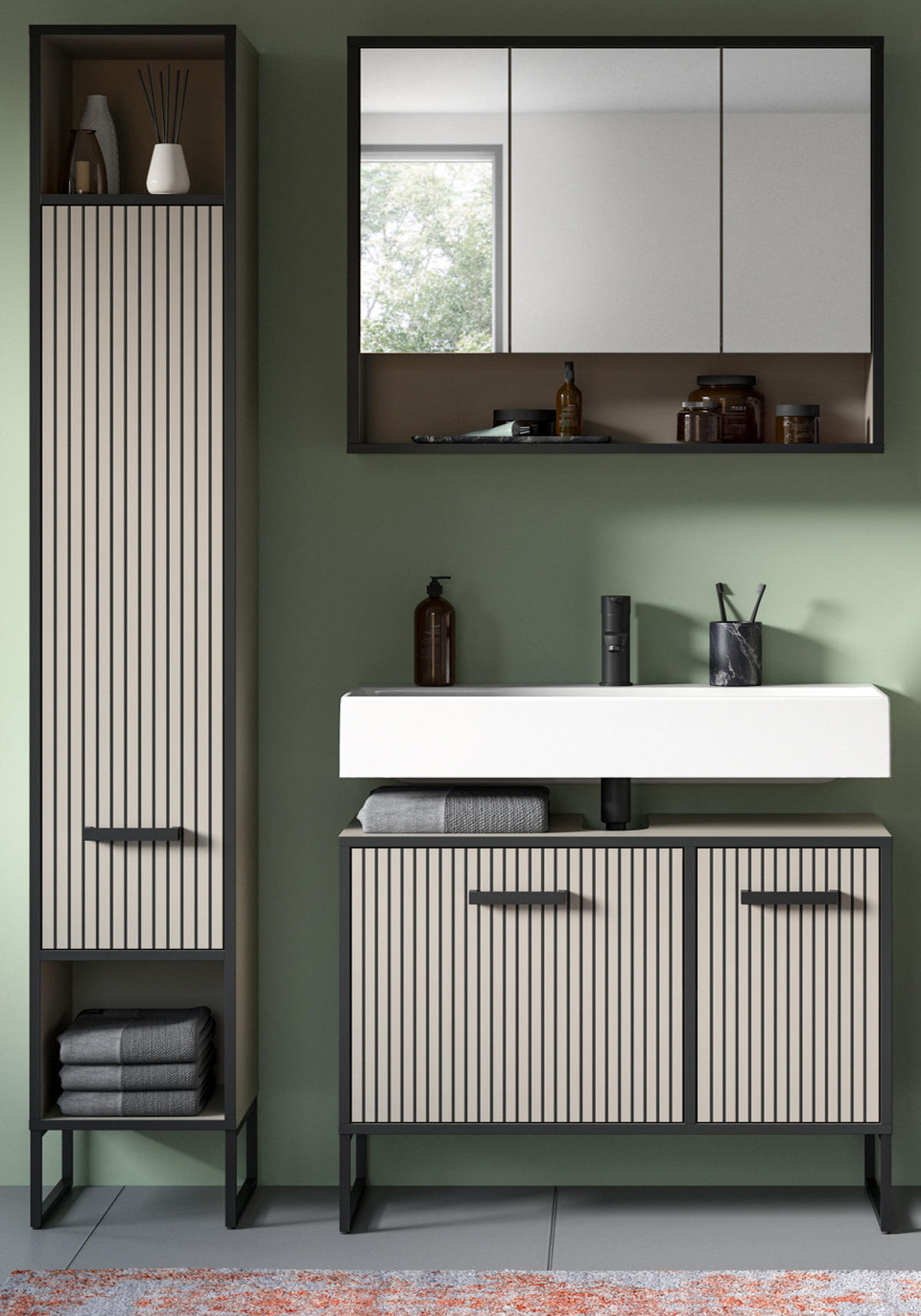 BADMÖBEL-SET 3-teilig Scana in schwarz, sand 125 cm, Kombination mit Soft-Close - Sandfarben/Schwarz, Glas/Holzwerkstoff (125/192/36cm) - Inn.Furn