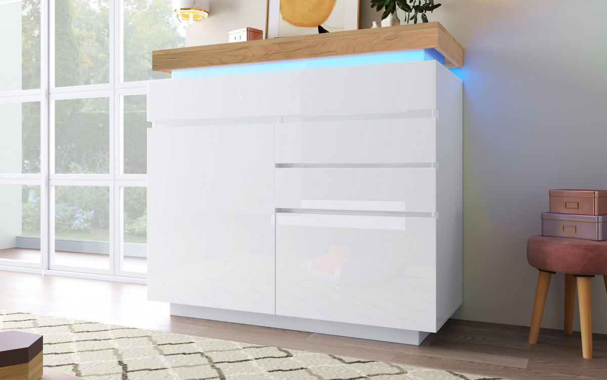 KOMMODE 110/39/115 cm mit 3 Schubladen, LED-Beleuchtung und Hochglanzfront - Weiß, Holzwerkstoff (39/115/110cm) - BEAOK