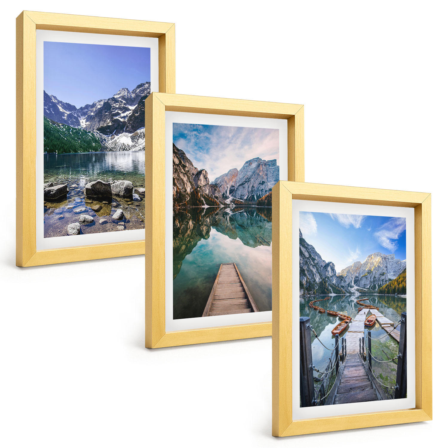 BILDER SET 3er Set - 20x30 cm Goldrahmen - Berge, Seen, Holzstege - Goldfarben, Kunststoff (20/30cm) - TULUP