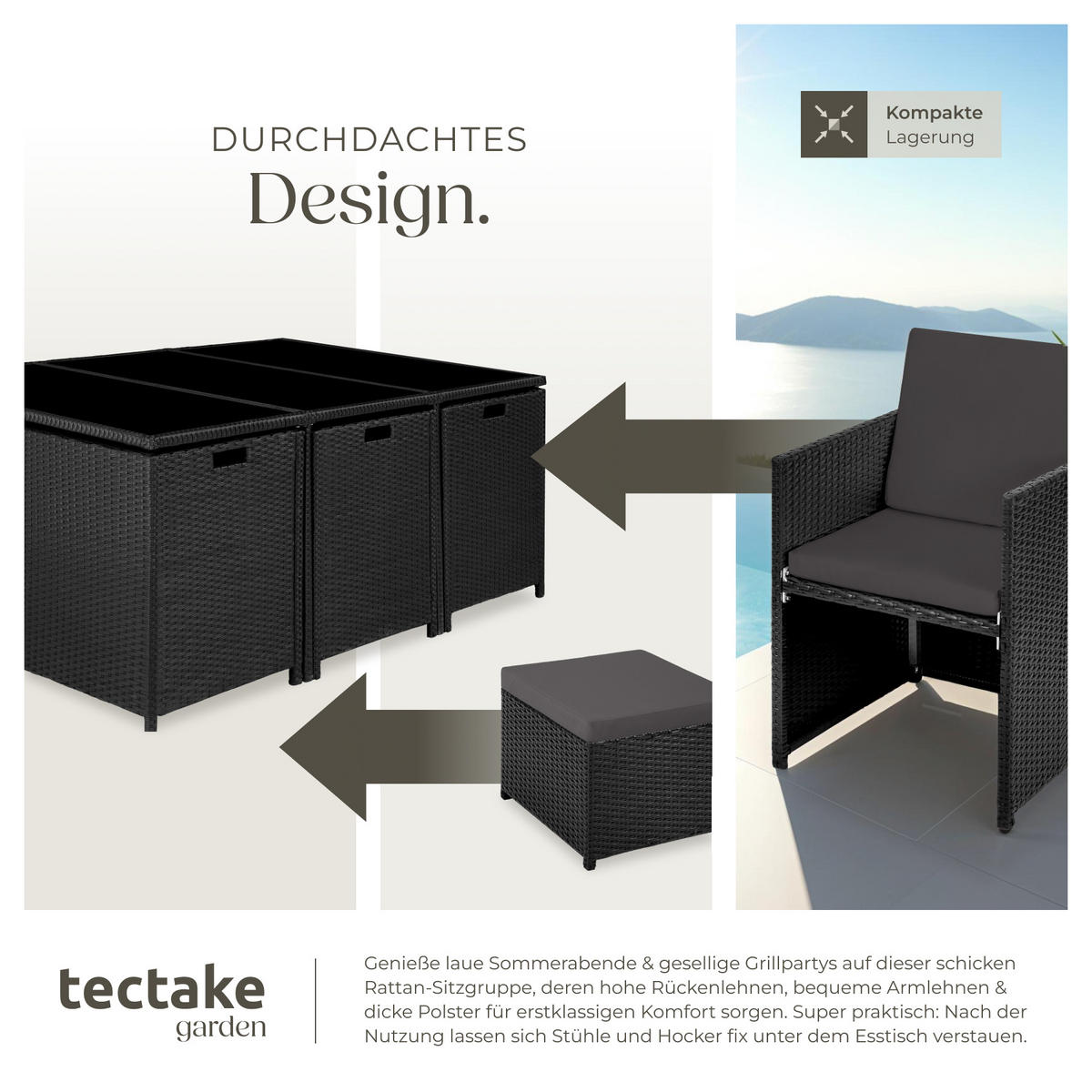 RATTAN SITZGRUPPE New York,2 Bezugssets, zusammenschiebbar, inklusive Schutzhülle,schwarz - Schwarz, Kunststoff - tectake