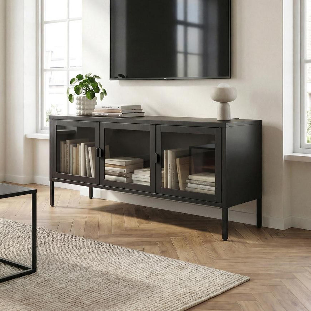 TV-LOWBOARD Metall 130cm 3 Türen, Schwarz und Sicherheitsglas EZRA - Schwarz, Metall (130/55/40cm) - Sicaan