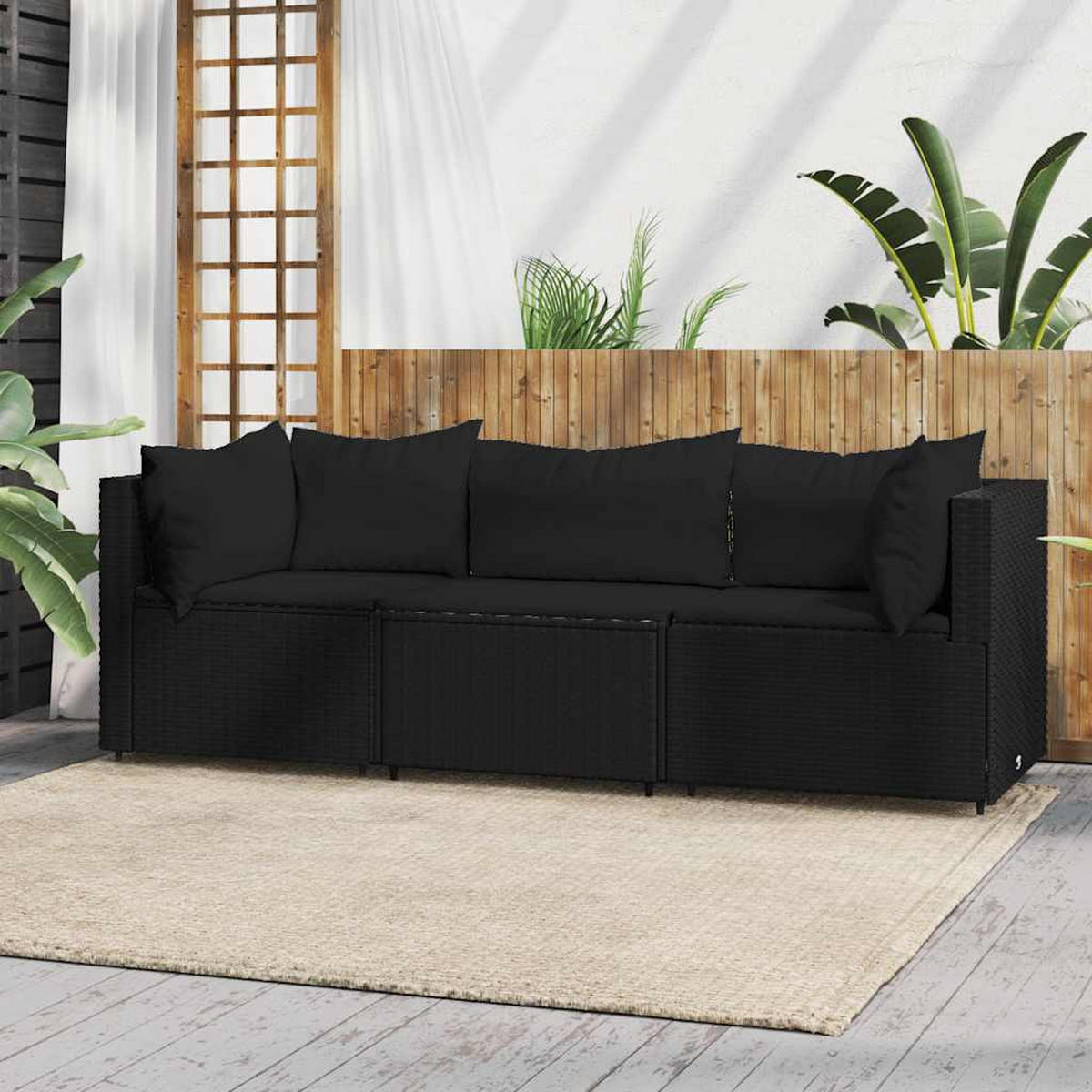 LOUNGESOFA mit Kissen und Armlehnen, 3-Sitzer, 189/63/57,5 cm, aus Poly Rattan, Schwarz - Schwarz, Kunststoff (63/57.5/63cm) - vidaXL