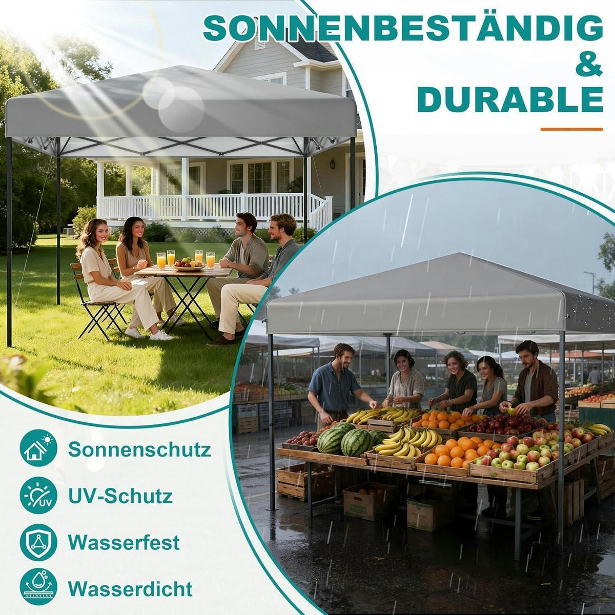 FALTPAVILLON 300 x 300 cm Silbergrau mit One-Touch Lift - Grau, Textil (300/260/300cm)
