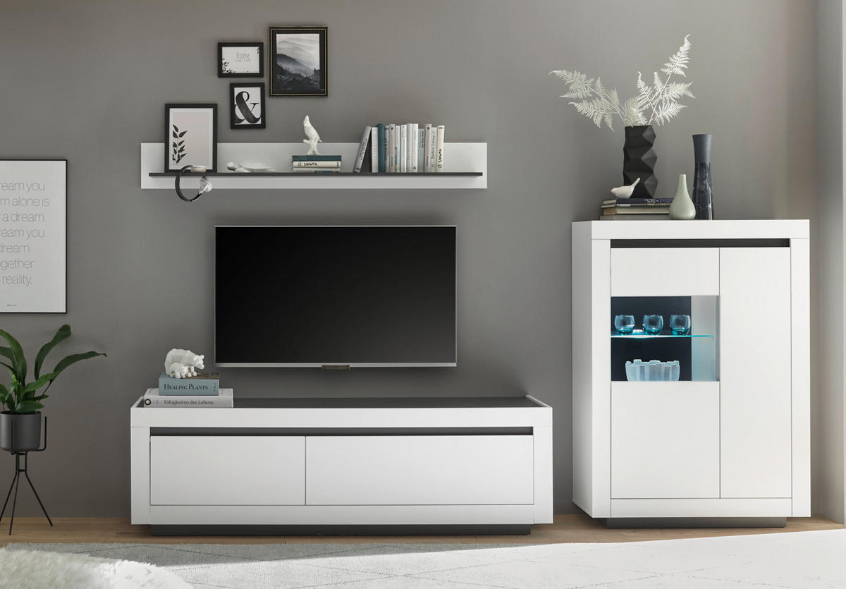 WOHNWAND weiß, anthrazit, Wohnkombination 3-teilig 286 x 170 cm - Anthrazit/Weiß, Glas/Holzwerkstoff (286/170/50cm) - Furn.Design