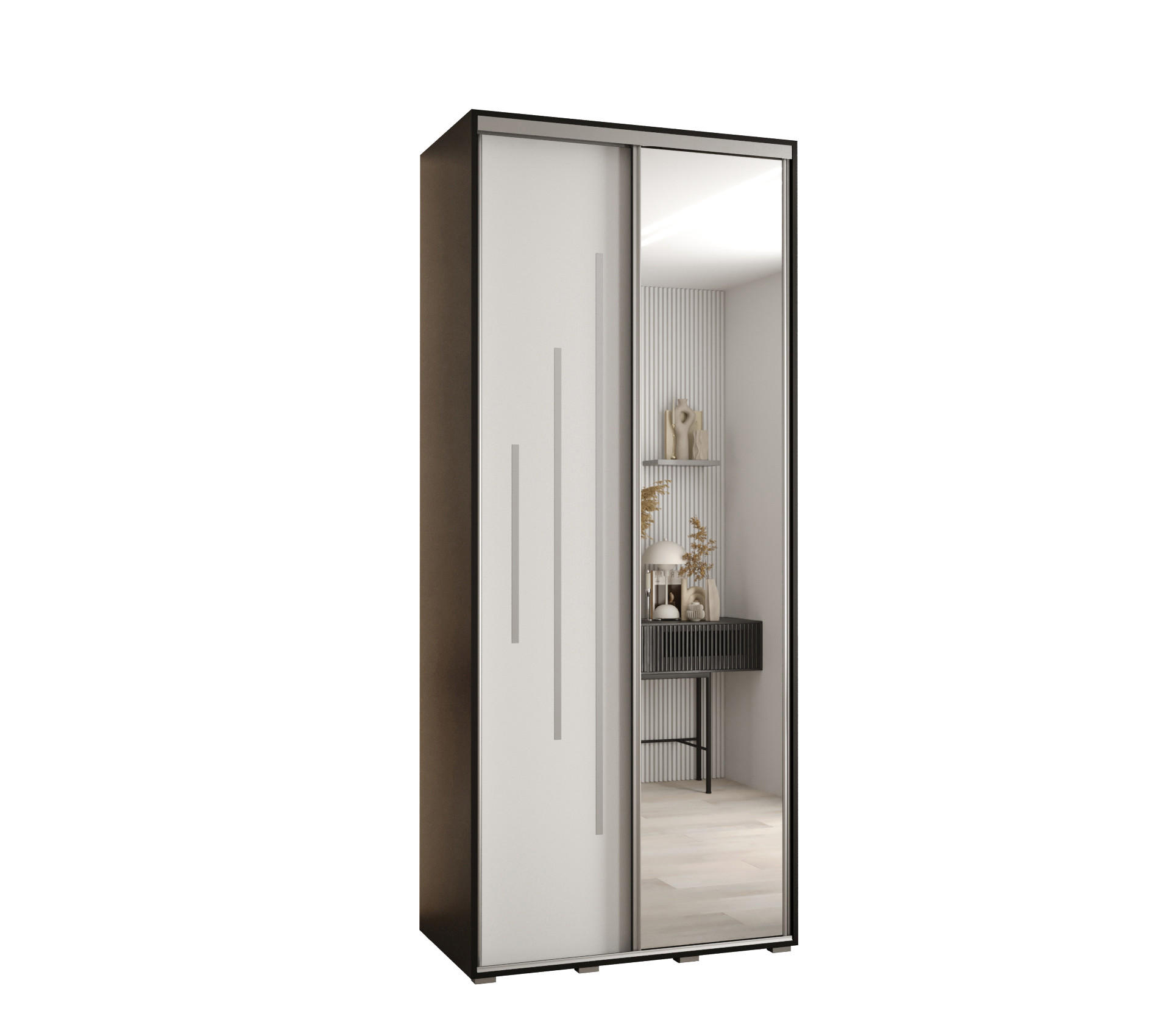 Abiks Möbel Schwebetürenschrank Schwarz, Weiß, Silber 110x235x45 cm