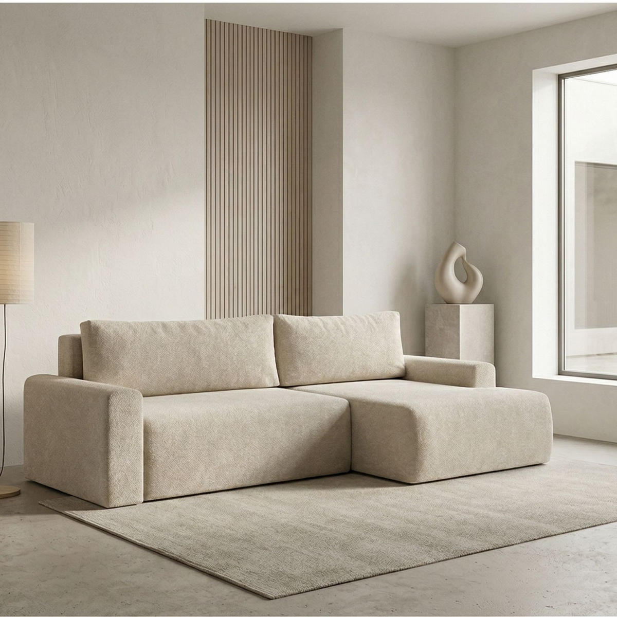 ECKSOFA MILO LARGE mit Schlaffunktion, Bettkasten und Cordbezug, Rechts - VIBE 08 - Beige, Holz (270/142cm) - Dekori_Interiors