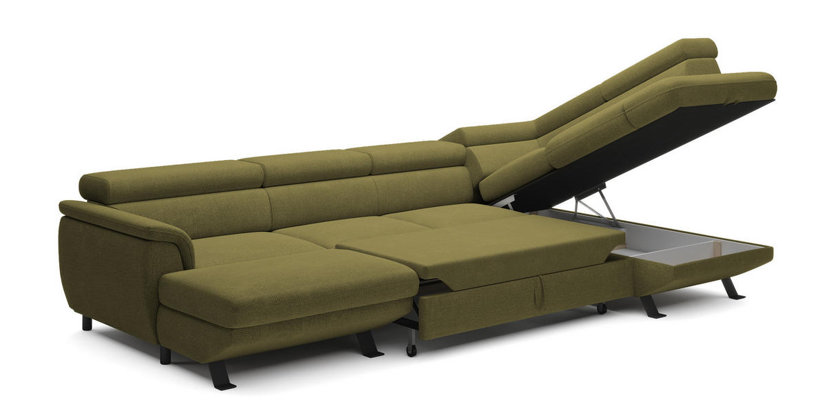 ECKSCHLAFSOFA Raven XL, Verstellbaren Kopfstützen, Bettkasten, Großes Sofa 334x198x162cm Rechte, Mostaza - Hellgrün, Holz/Textil (334/198cm) - DomoHome