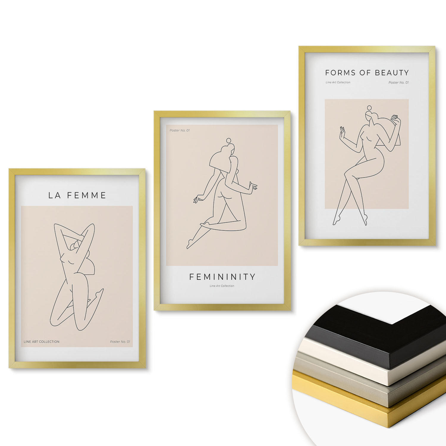 WANDBILDER 3er Set - 40x60 cm Goldrahmen - Poster mit minimalistischen Frauensilhouetten - Goldfarben, Kunststoff (40/60cm) - ArtPrintCave