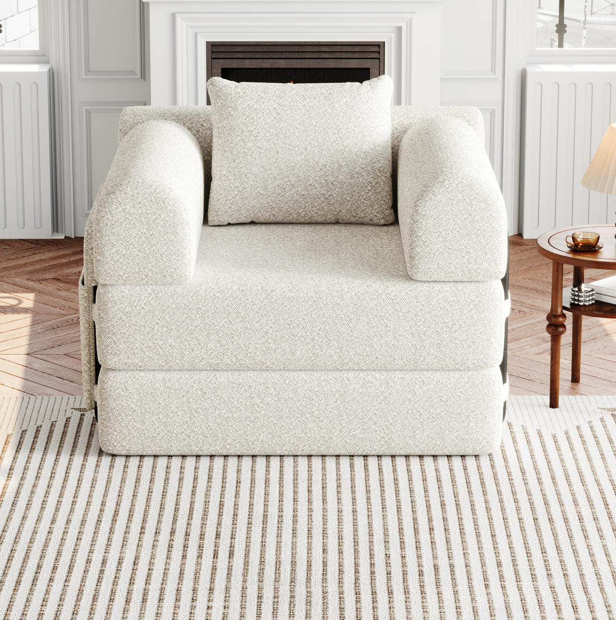 SCHLAFSOFA aus Chenille Beige 2-in-1 mit Armlehnen-Ablagefach und Stahlrahmen - Beige, Textil (94/50/182cm) - Modfu