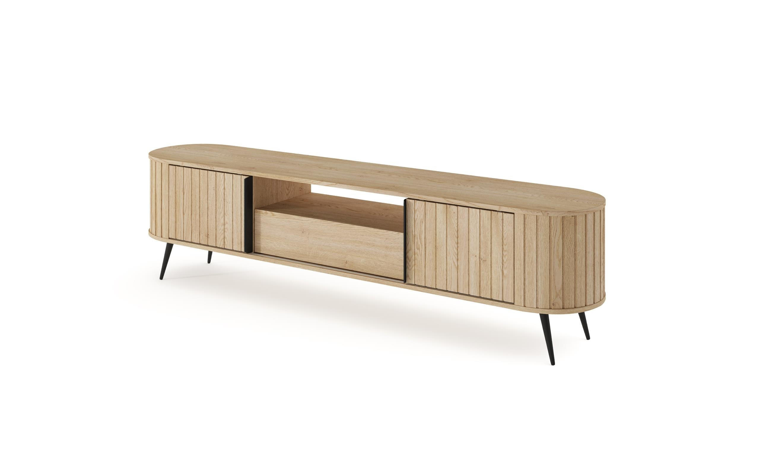 RTV-SCHRANK Rivo Eiche Cremona, TV-Tisch mit Schubladen und geriffelten Fronten - Eichefarben/Schwarz, Holzwerkstoff/Metall (196/51/40cm) - Bettso