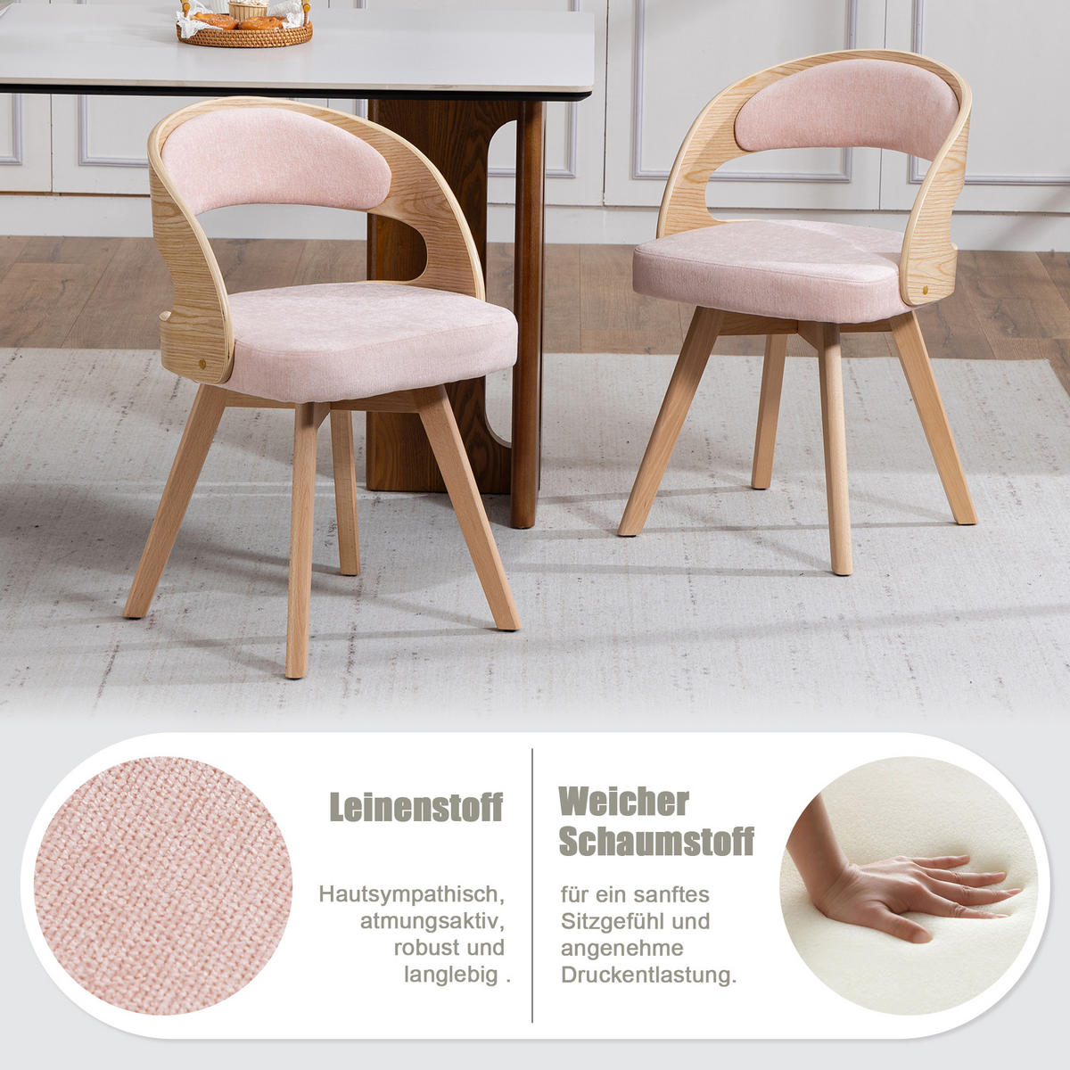 ESSZIMMERSTUHL 2er-Set drehbar mit Leinenkissen, Rosa - Rosa, Textil (41/72/44cm)