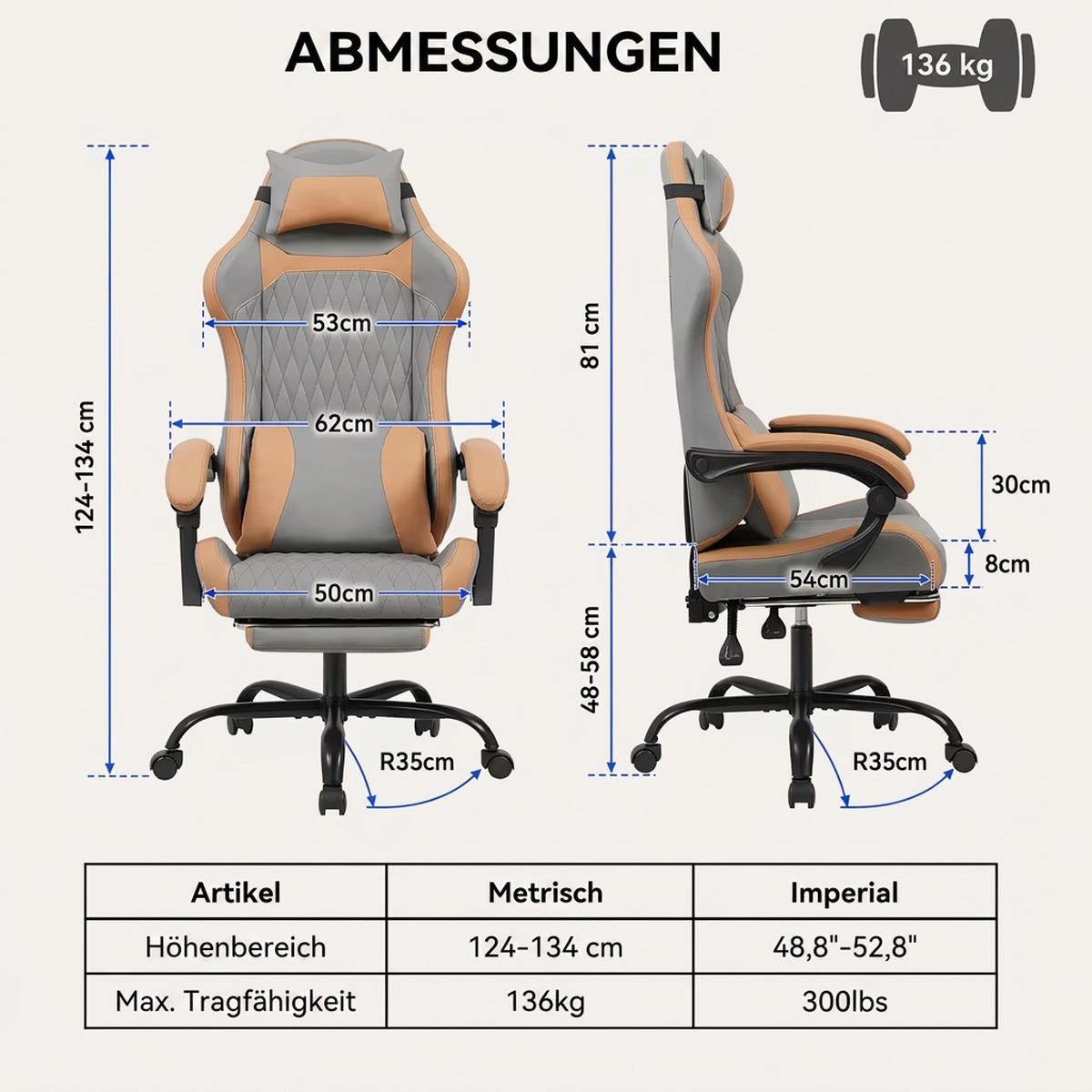 GAMING-STUHL braun mit Rautensteppung, Fußstütze, Nacken- und Lendenkissen, höhenverstellbar - Braun, Leder (54/124/62cm) - BRILVERDE
