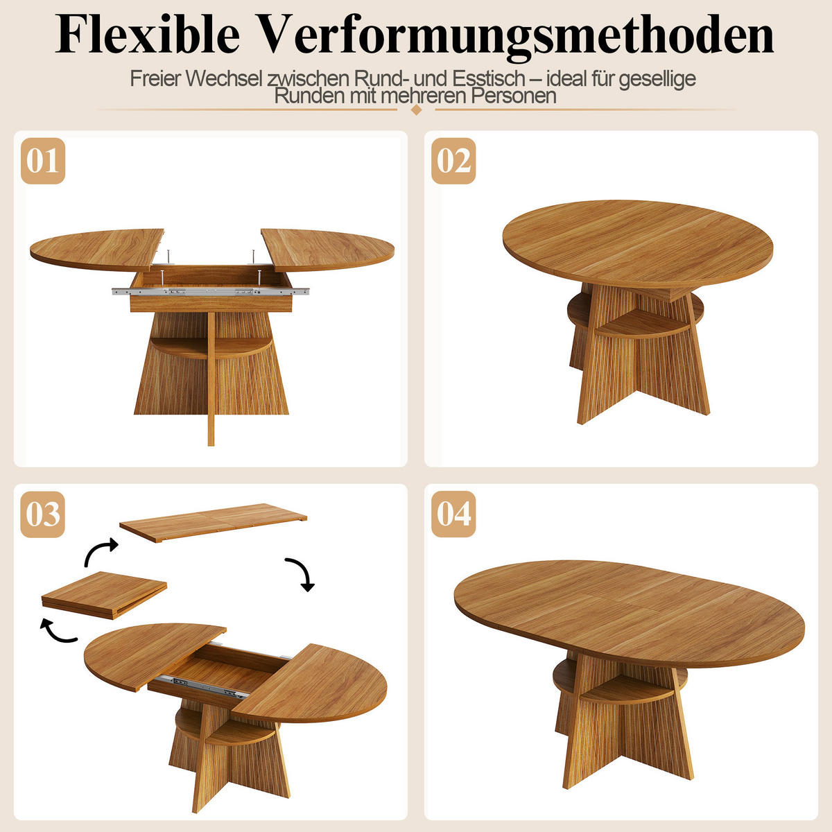 ESSTISCH in Natufarben Ausziehbarer Küchentisch mit Stauraum, Multifunktionstisch für Küche, Arbeits- und Wohnzimmer - Braun, Holzwerkstoff/Metall (150/110/76cm) - STILVORA