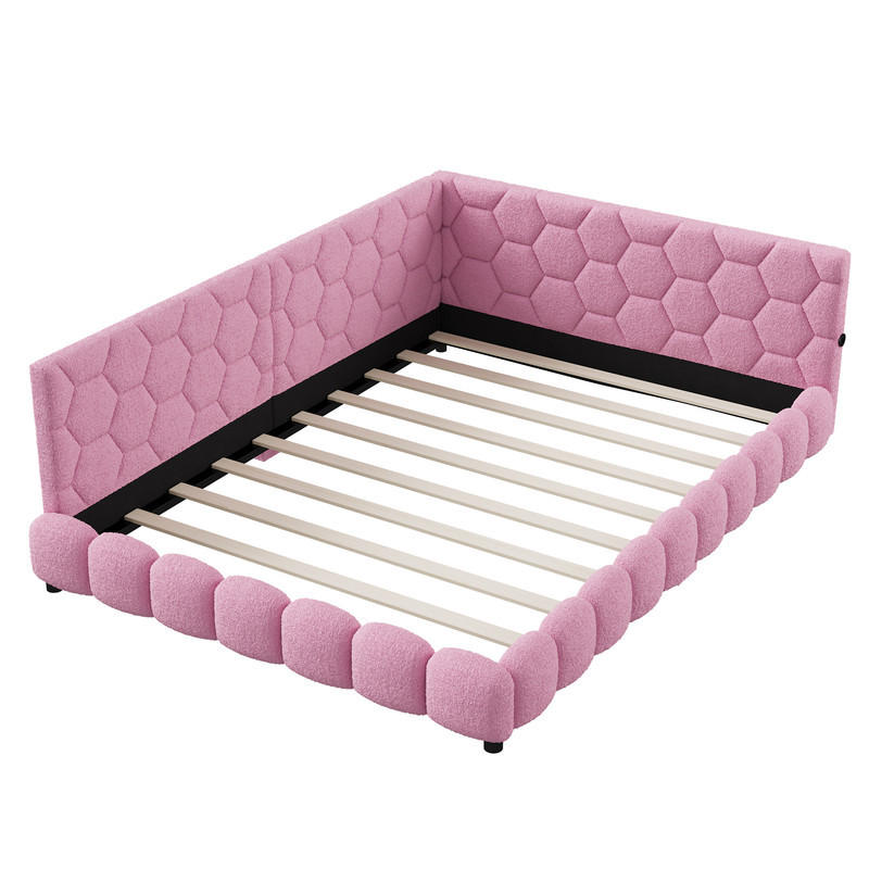 SCHLAFSOFA 140x200cm, Rosa, Lammwolle, mit LED-Lichtleiste und 2 USB-Anschlüssen, ohne Matratze - Rosa, Holz (140/200cm) - WoodenAura