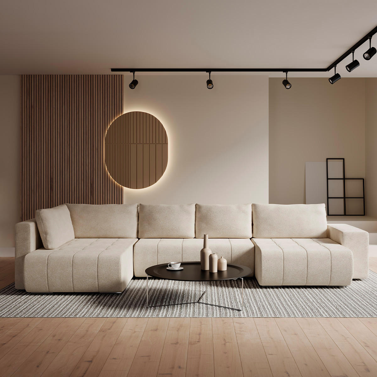 PANORAMASOFA Sergio 5 Sitzplätze Beige - Beige, Holz (392/82/185cm) - Petits-meubles