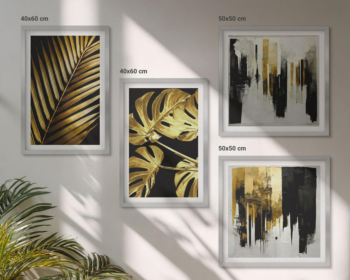BILDER SET 4er Set - 50x50 cm & 40x60 cm Silberner Rahmen - Abstrakte Monstera-Palmenblätter - Silberfarben, Kunststoff (50/50cm) - TULUP