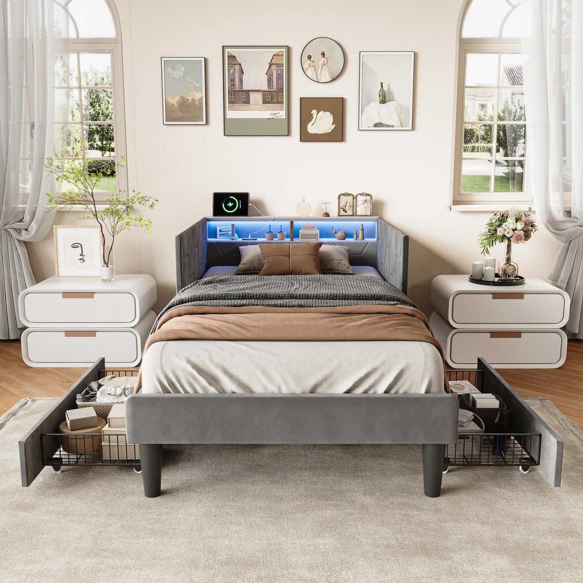 POLSTERBETT 90x200 cm, Stauraumkopf mit Ablagen, 2 Schubladen, LED und USB, Samt in Grau - Grau, Holz (90/200cm) - BRILVERDE
