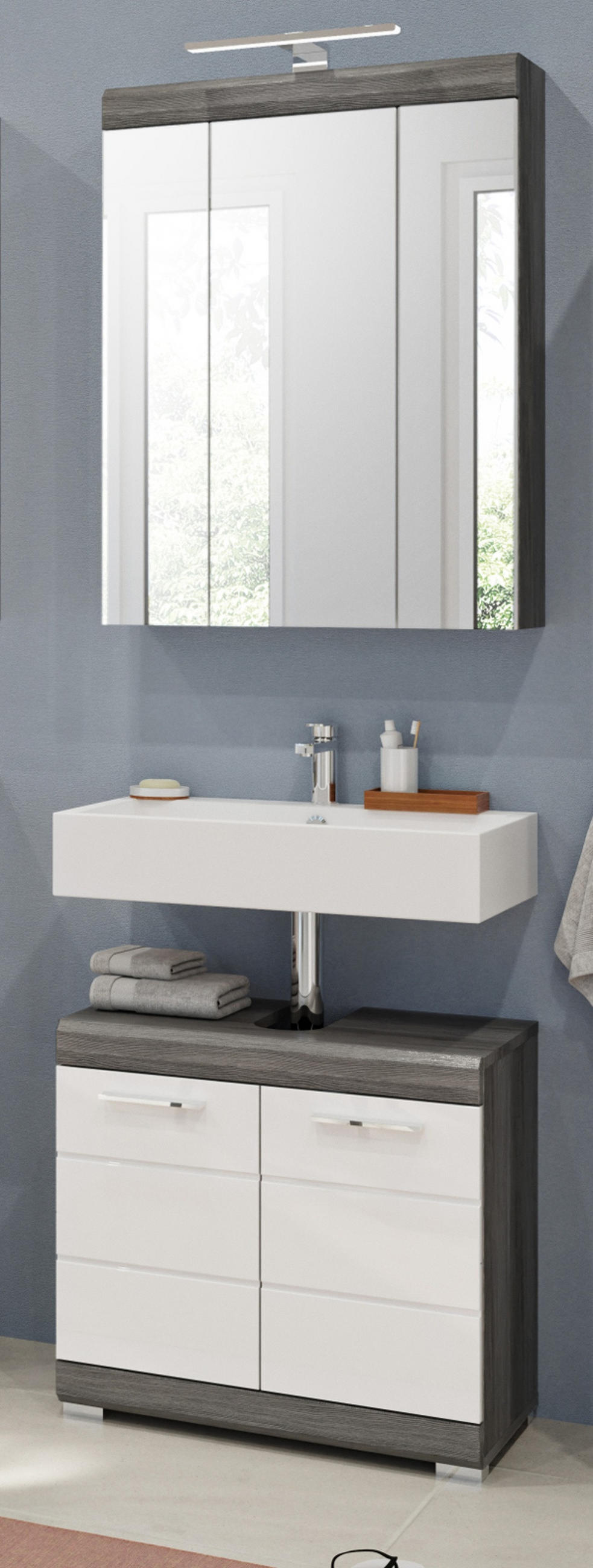 SPIEGELSCHRANK grau 60 x 79 cm, Badschrank 3-türig mit Spiegeltüren - Grau, Glas/Holzwerkstoff (60/79/18cm) - Inn.Furn