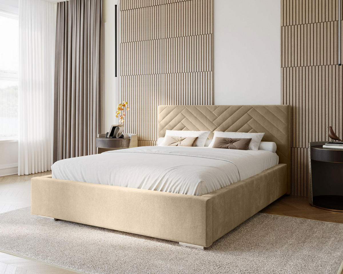 POLSTERBETT Aura 160x200 cm, Doppelbett mit Bettkasten und Lattenrost aus Holz, Velourstoff: Creme - Creme, Holz/Kunststoff (160/200cm) - Marpur