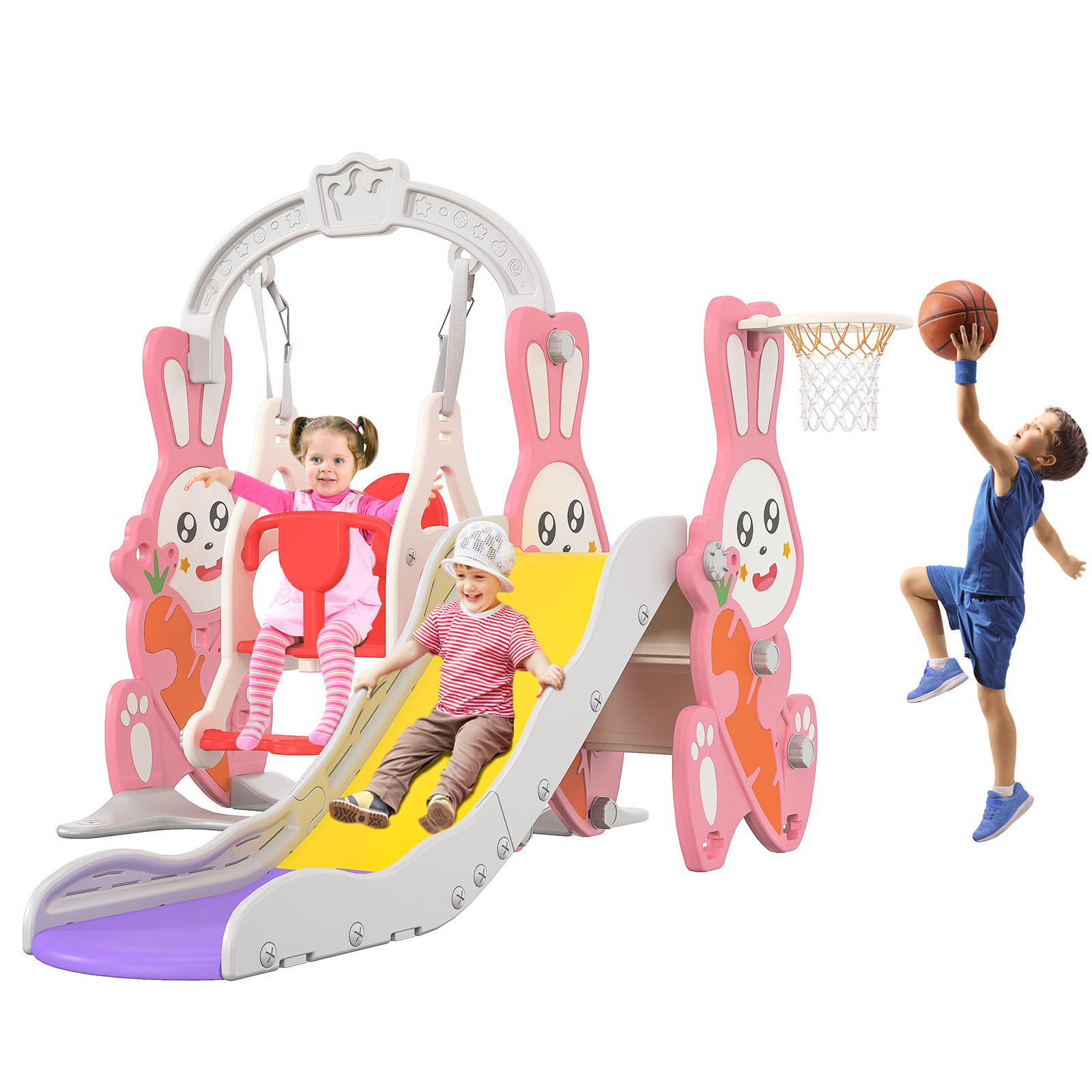 4-IN-1 RUTSCHBAHN Kinder Kaninchen Rosa Mit Schaukel & Basketball - Rosa, Holz (153/118/170cm)