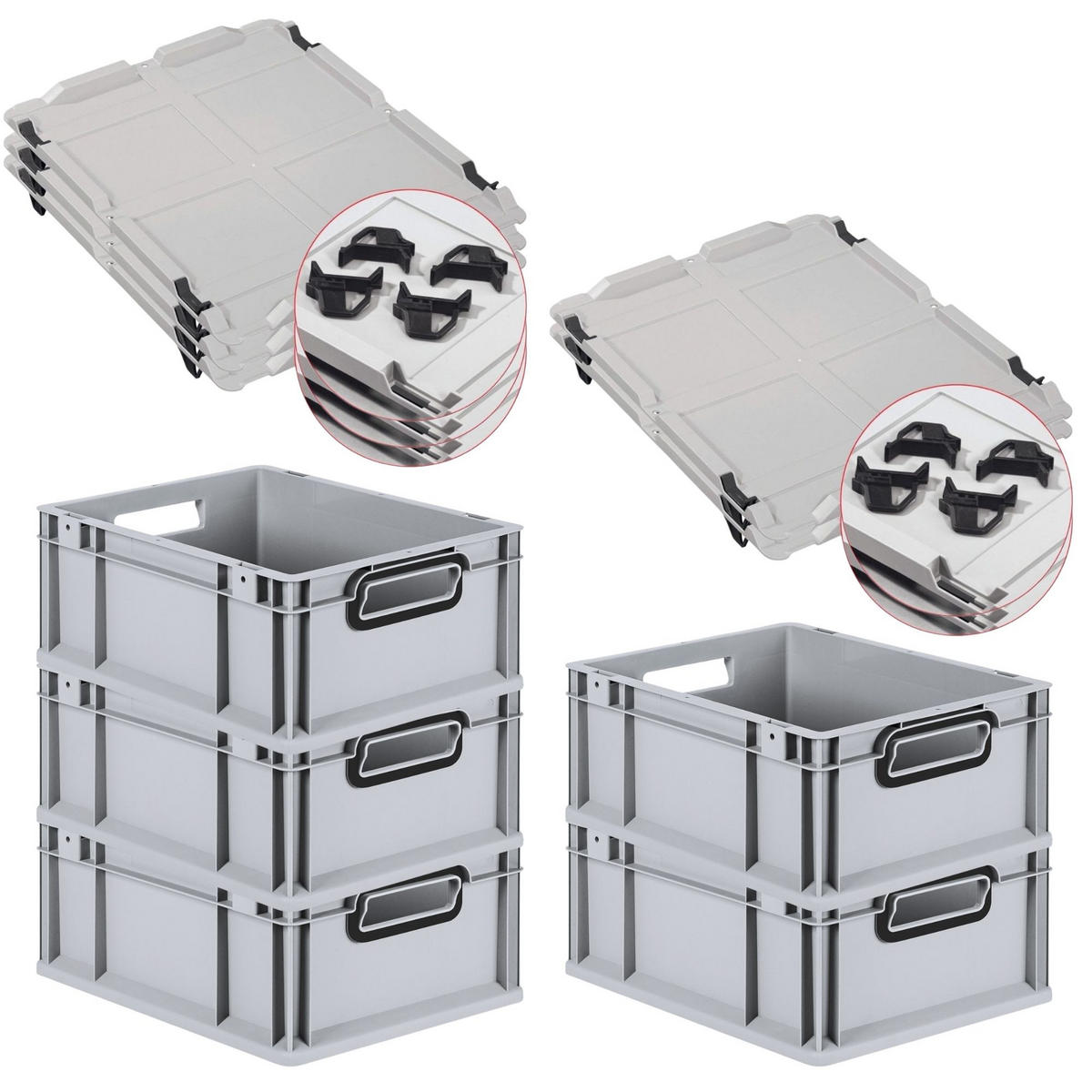 EUROBOX 5x NextGen Color mit Auflagedeckel 17x30x40 cm 16 Liter Grau Griffe schwarz offen - Schwarz/Grau, Kunststoff (30/17/40cm) - PROREGAL